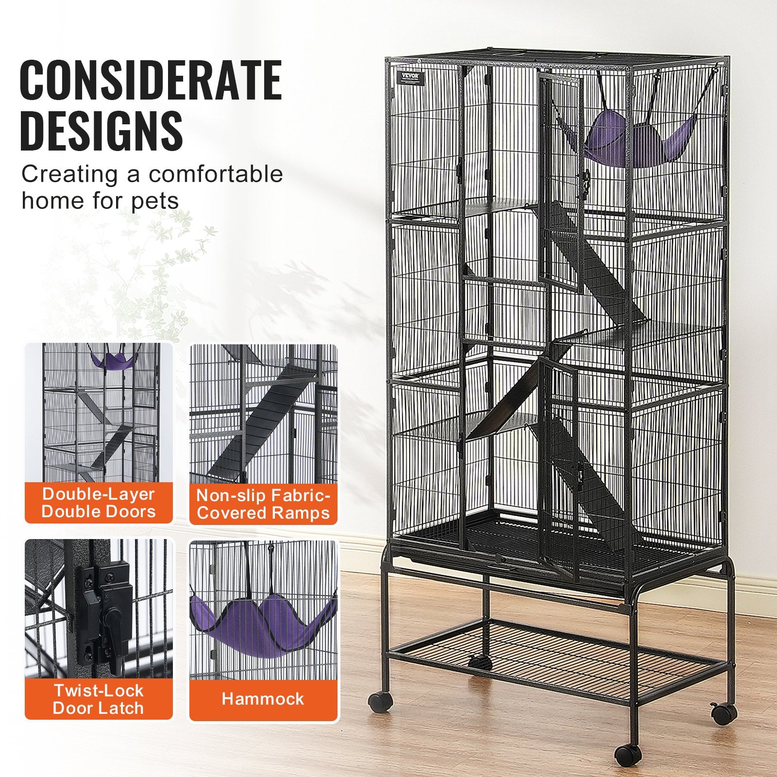 Bird Cages & Stands: VEVOR 69" Metal Small Animal Cage 4-Tier Rolling Ferret Cage with Tray 3 Ramps