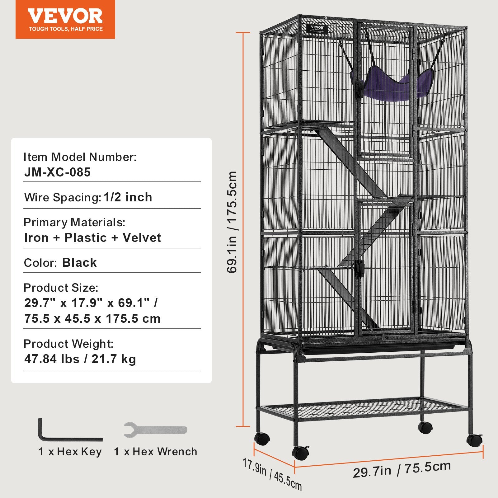 Bird Cages & Stands: VEVOR 69" Metal Small Animal Cage 4-Tier Rolling Ferret Cage with Tray 3 Ramps