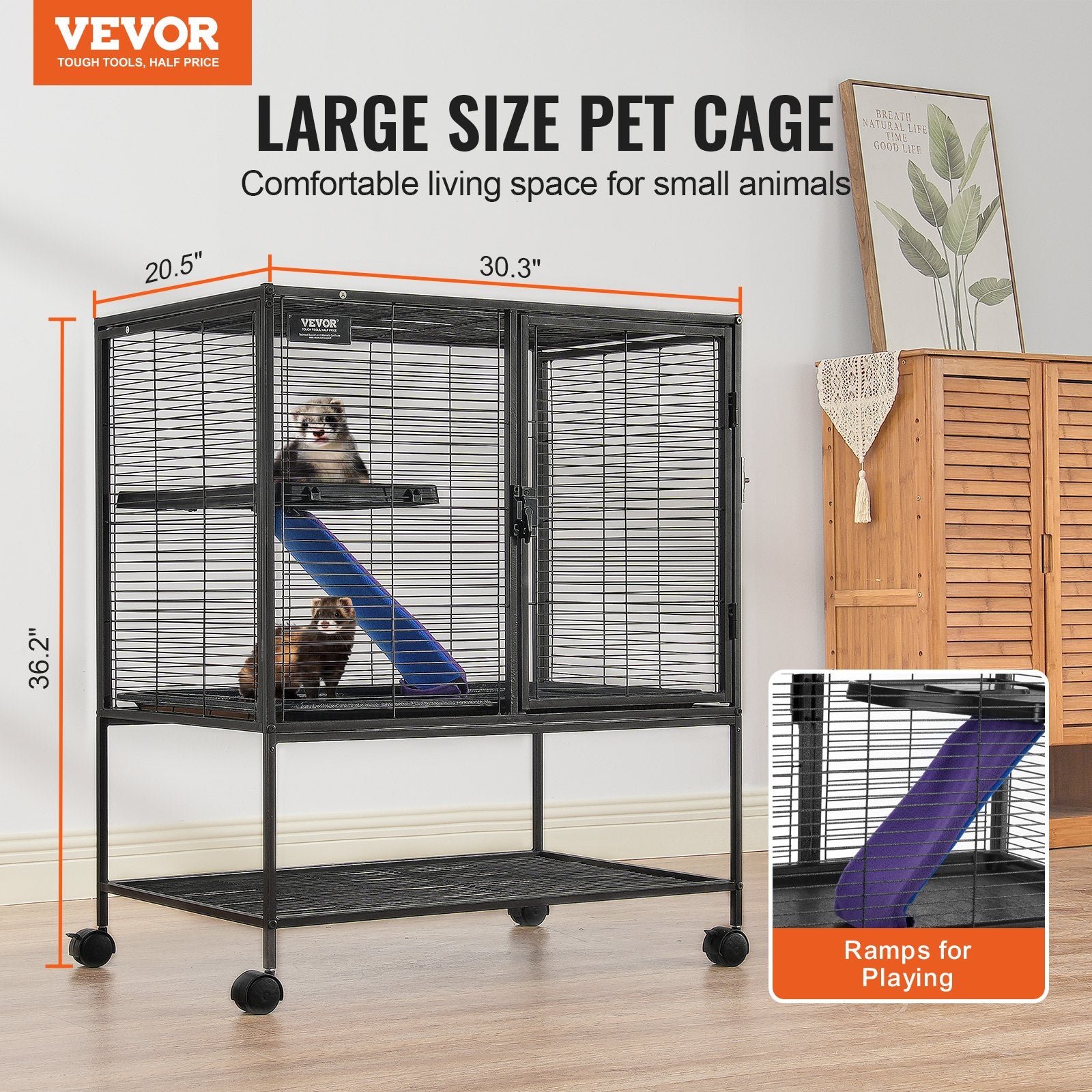 Bird Cages & Stands: VEVOR 36" Metal Small Animal Cage 2-Tier Rolling Ferret Cage with Tray A Ramp