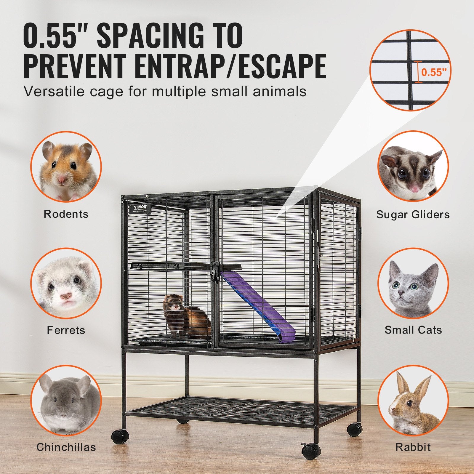 Bird Cages & Stands: VEVOR 36" Metal Small Animal Cage 2-Tier Rolling Ferret Cage with Tray A Ramp