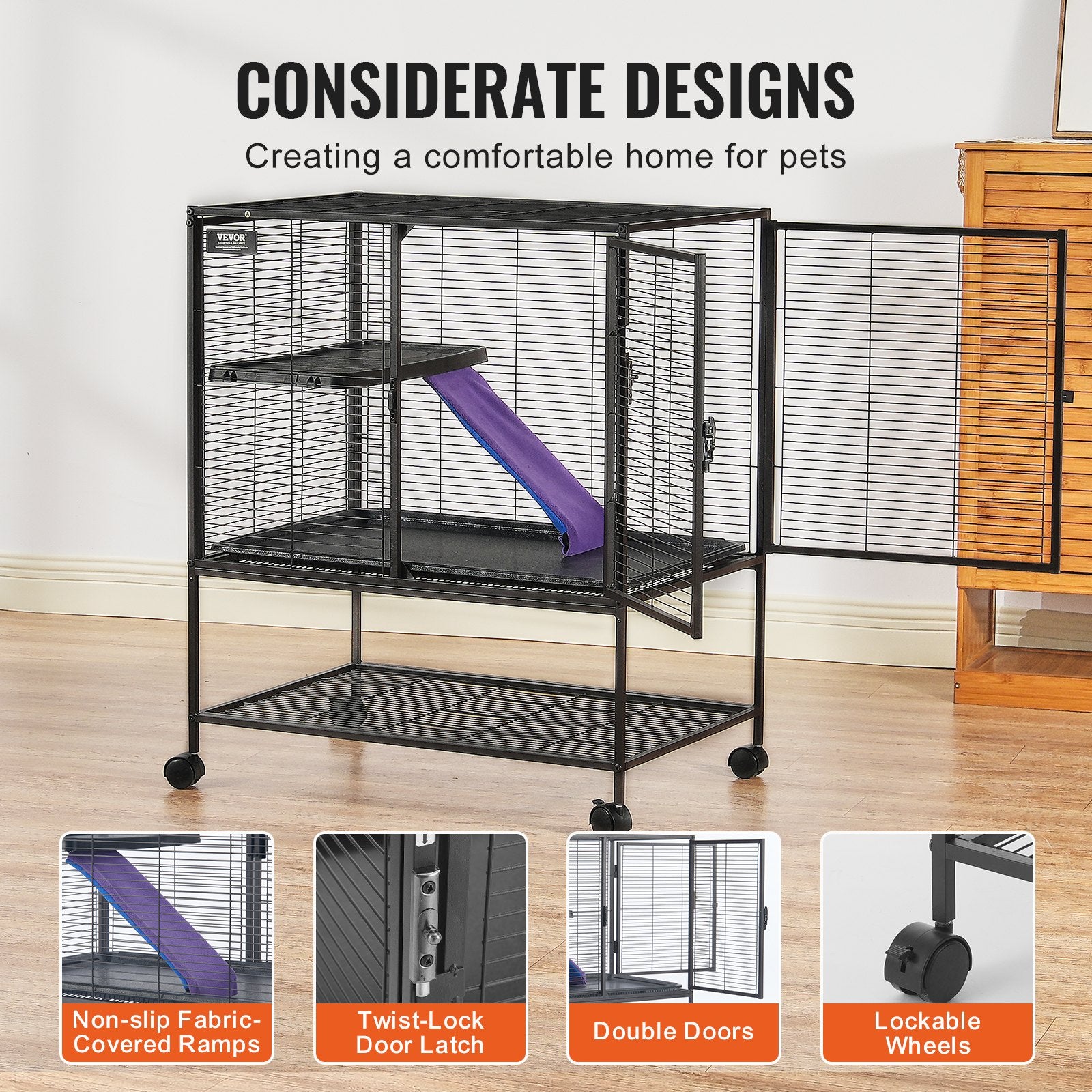 Bird Cages & Stands: VEVOR 36" Metal Small Animal Cage 2-Tier Rolling Ferret Cage with Tray A Ramp