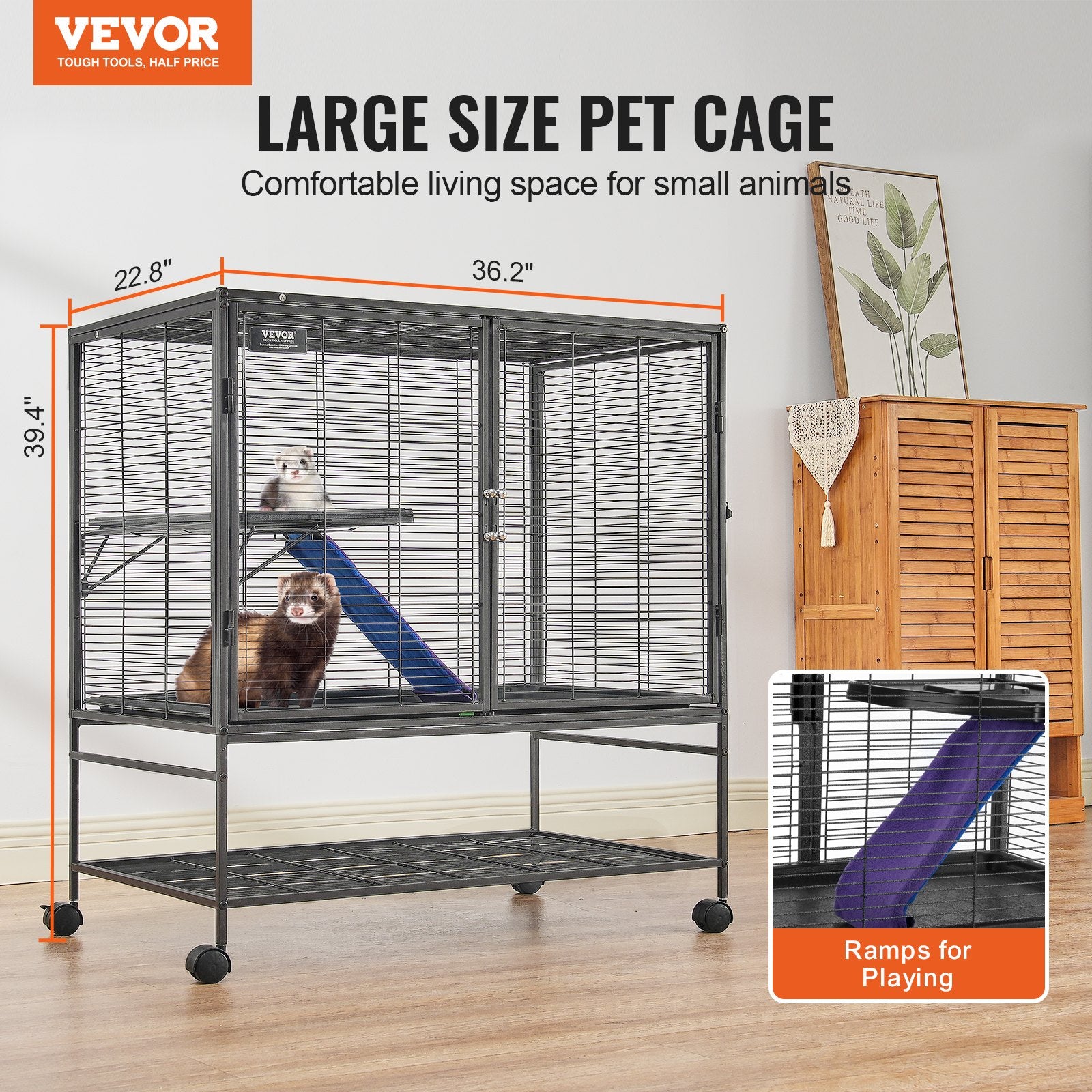 Bird Cages & Stands: VEVOR 39" Metal Small Animal Cage 2-Tier Rolling Ferret Cage with Tray A Ramp