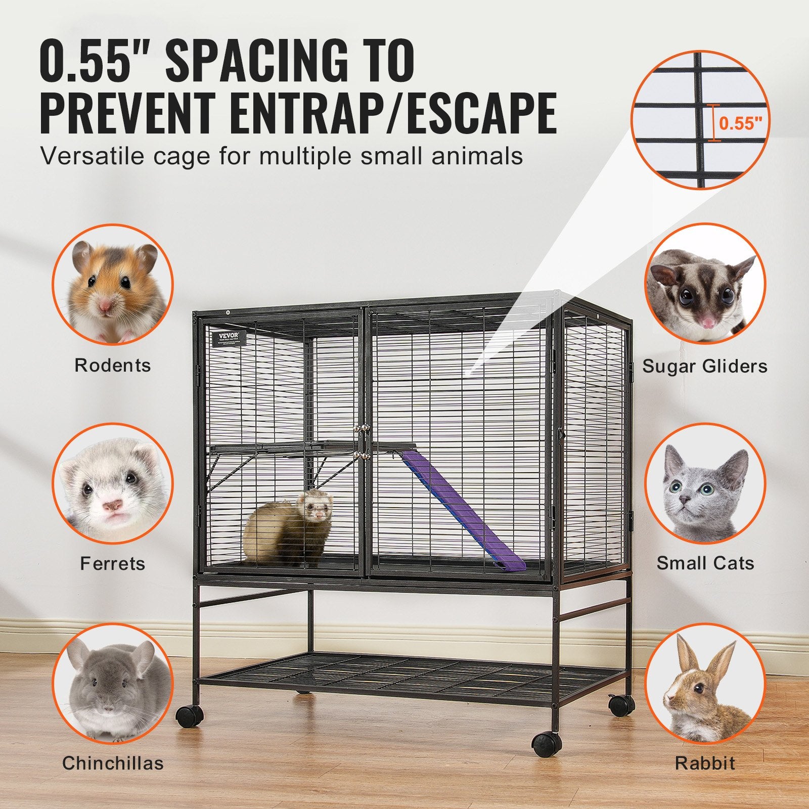 Bird Cages & Stands: VEVOR 39" Metal Small Animal Cage 2-Tier Rolling Ferret Cage with Tray A Ramp