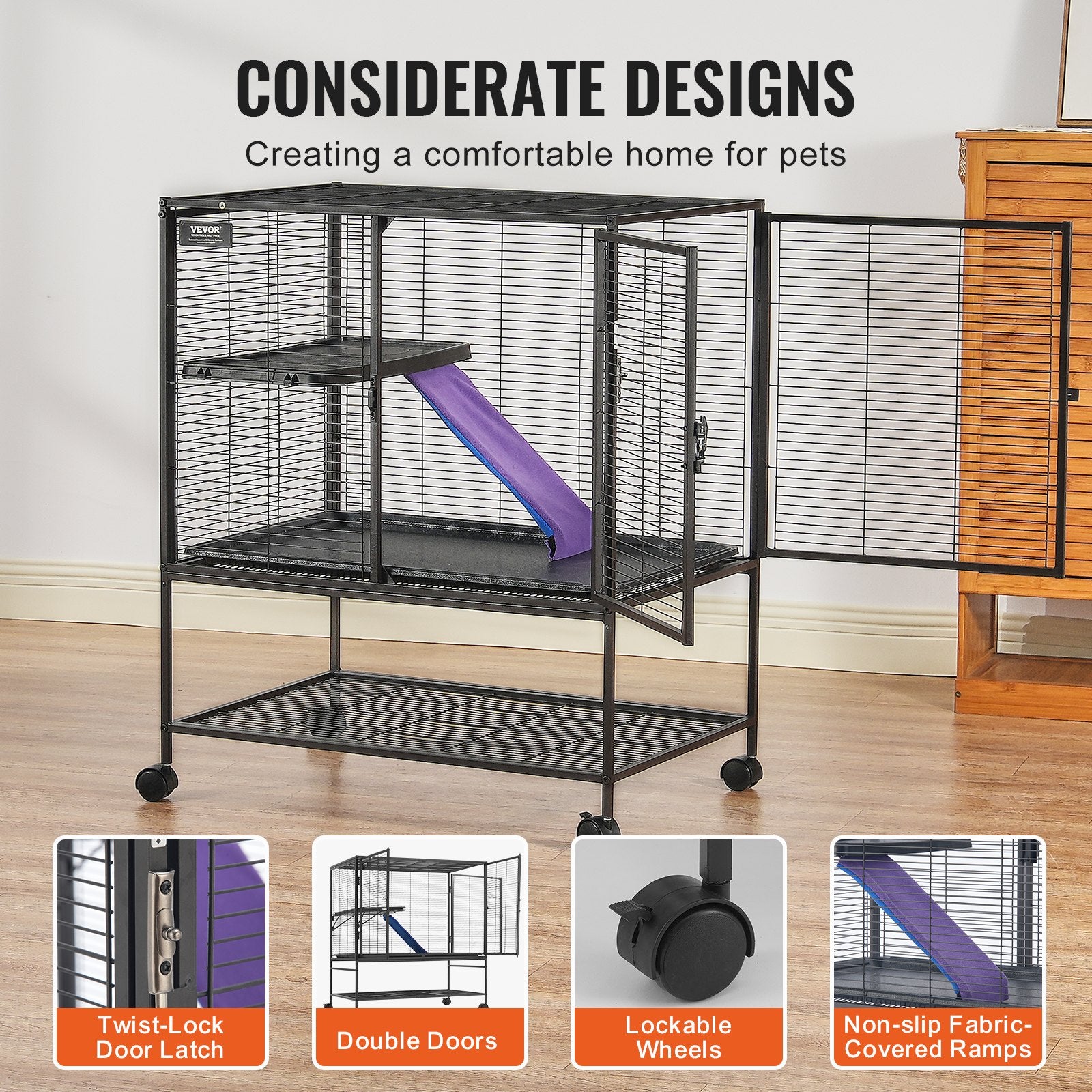 Bird Cages & Stands: VEVOR 39" Metal Small Animal Cage 2-Tier Rolling Ferret Cage with Tray A Ramp