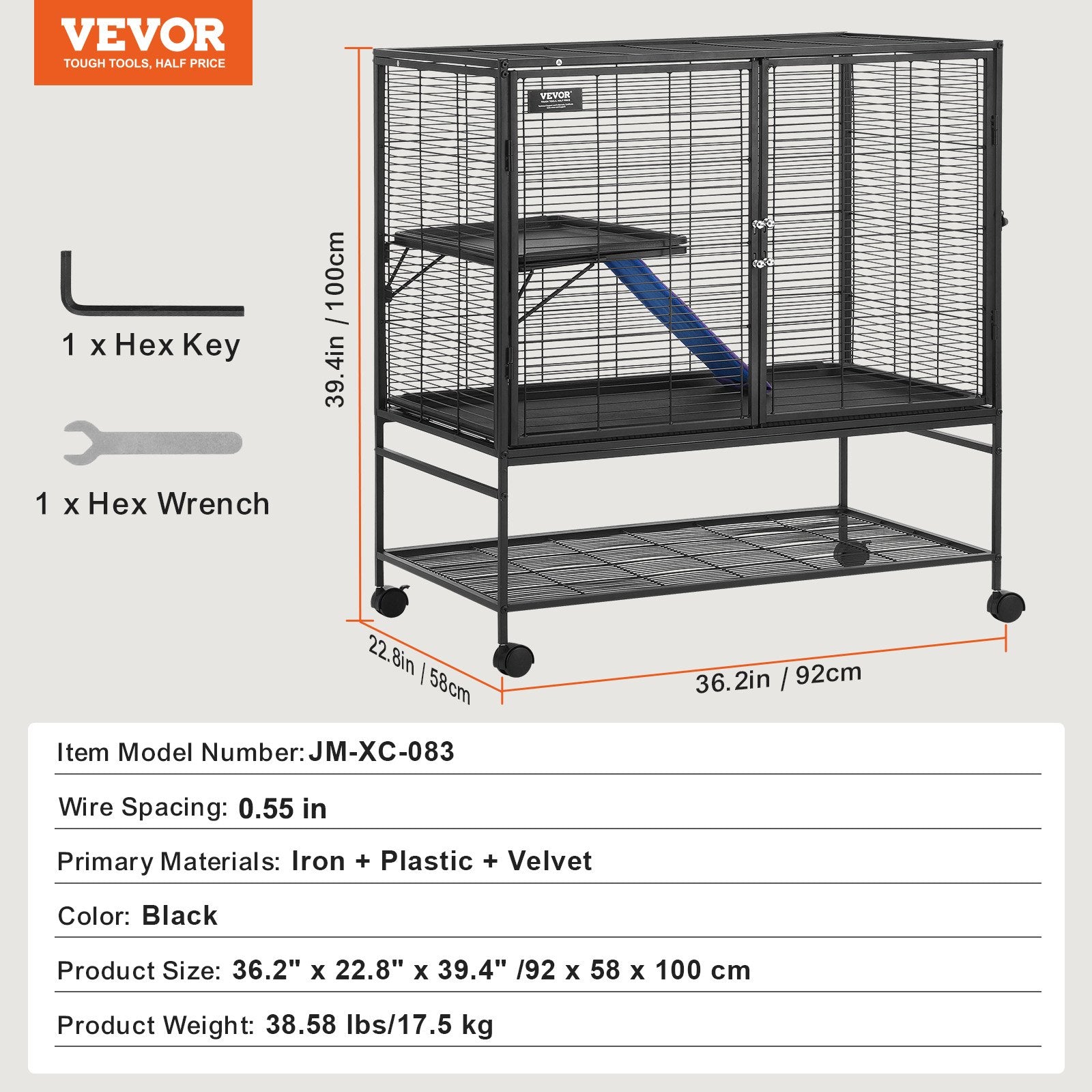 Bird Cages & Stands: VEVOR 39" Metal Small Animal Cage 2-Tier Rolling Ferret Cage with Tray A Ramp
