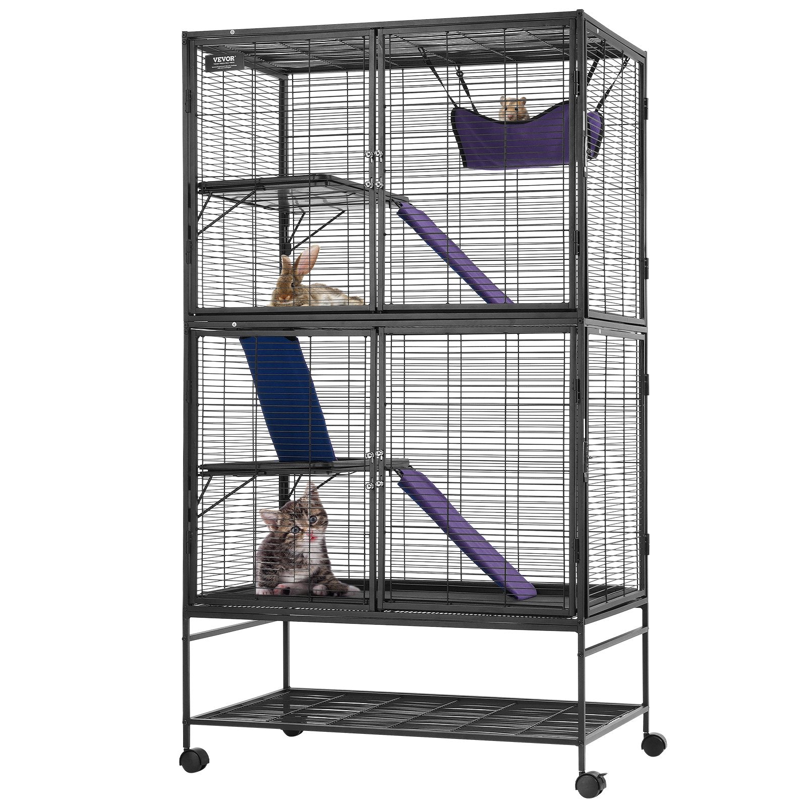 Bird Cages & Stands: VEVOR 64.6" Metal Small Animal Cage 4-Tier Rolling Ferret Cage with Tray 3 Ramps