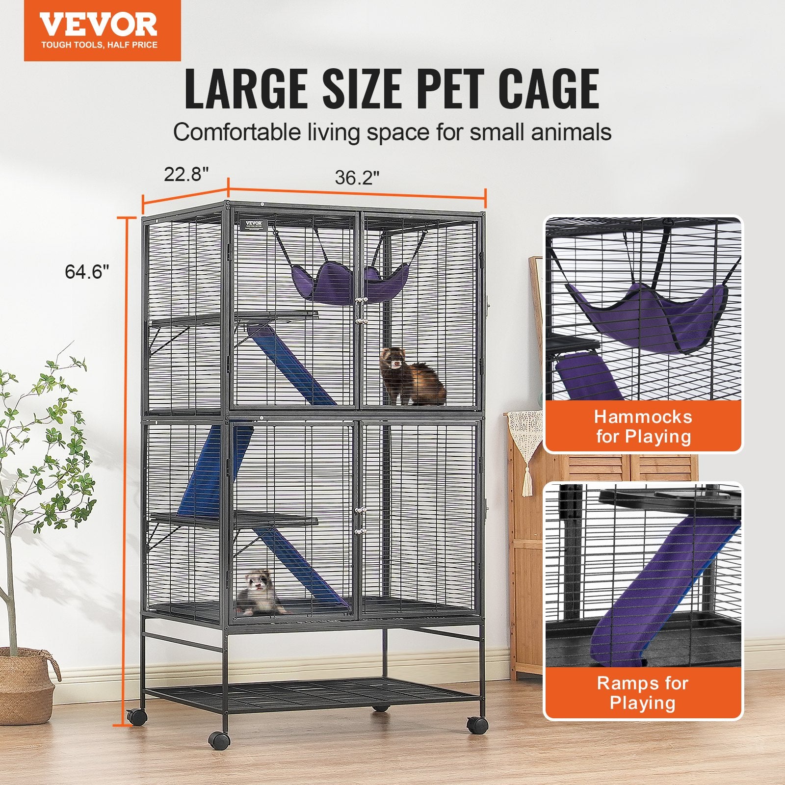 Bird Cages & Stands: VEVOR 64.6" Metal Small Animal Cage 4-Tier Rolling Ferret Cage with Tray 3 Ramps