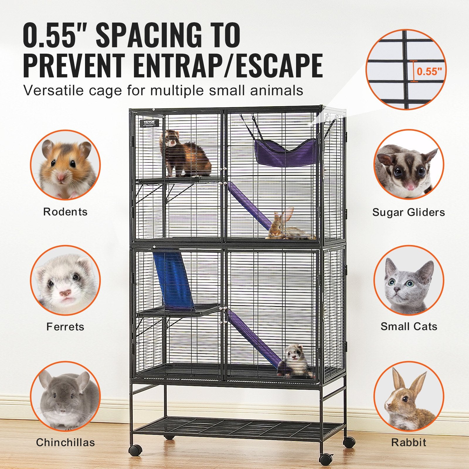 Bird Cages & Stands: VEVOR 64.6" Metal Small Animal Cage 4-Tier Rolling Ferret Cage with Tray 3 Ramps