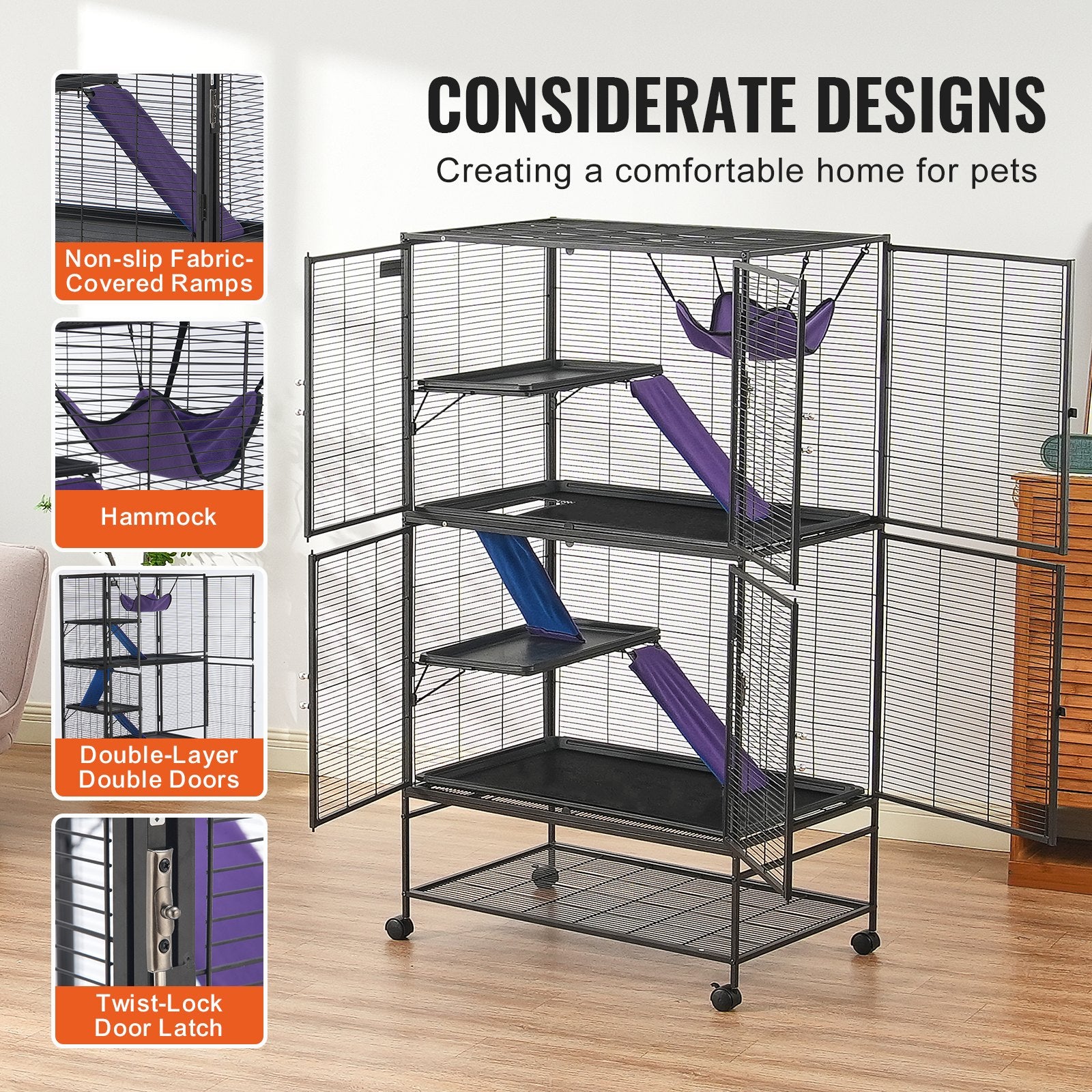 Bird Cages & Stands: VEVOR 64.6" Metal Small Animal Cage 4-Tier Rolling Ferret Cage with Tray 3 Ramps