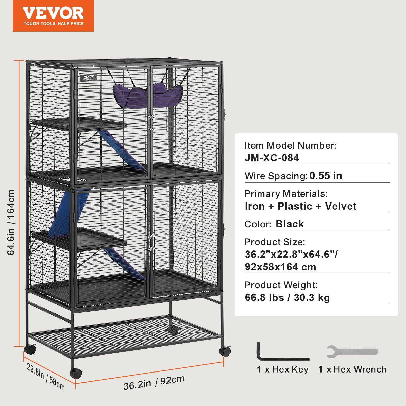 Bird Cages & Stands: VEVOR 64.6" Metal Small Animal Cage 4-Tier Rolling Ferret Cage with Tray 3 Ramps