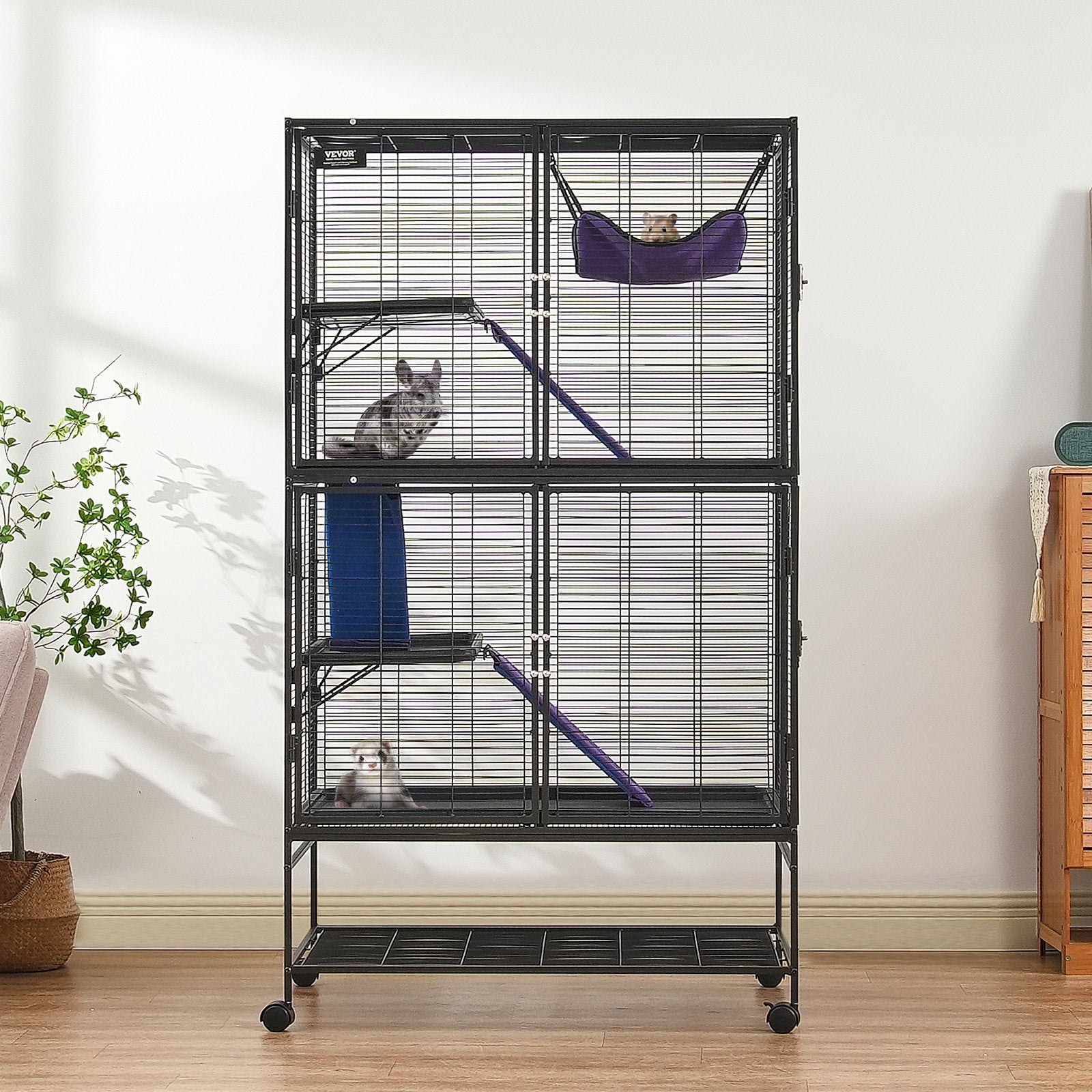 Bird Cages & Stands: VEVOR 64.6" Metal Small Animal Cage 4-Tier Rolling Ferret Cage with Tray 3 Ramps