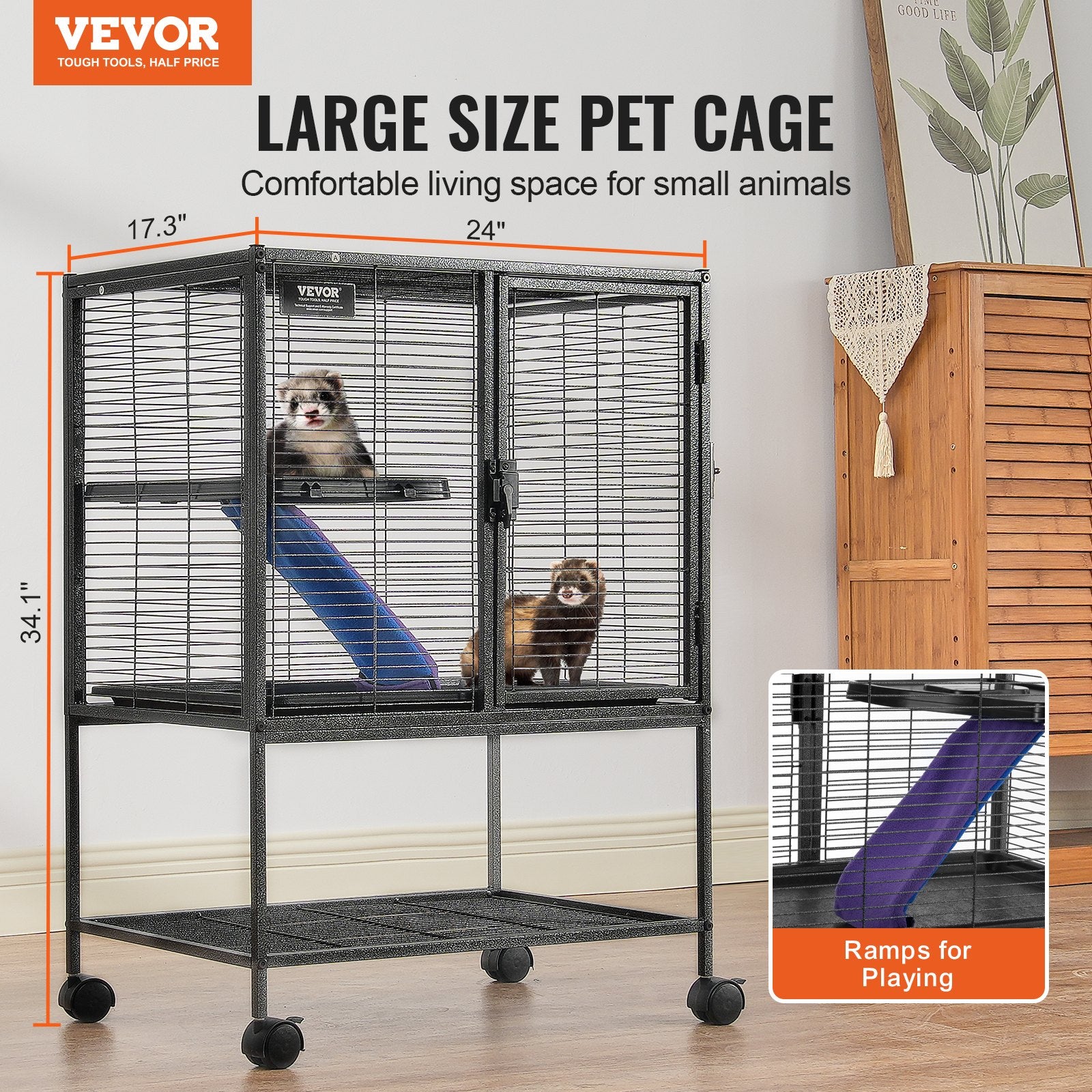 Bird Cages & Stands: VEVOR 34" Metal Small Animal Cage 2-Tier Rolling Ferret Cage with Tray A Ramp