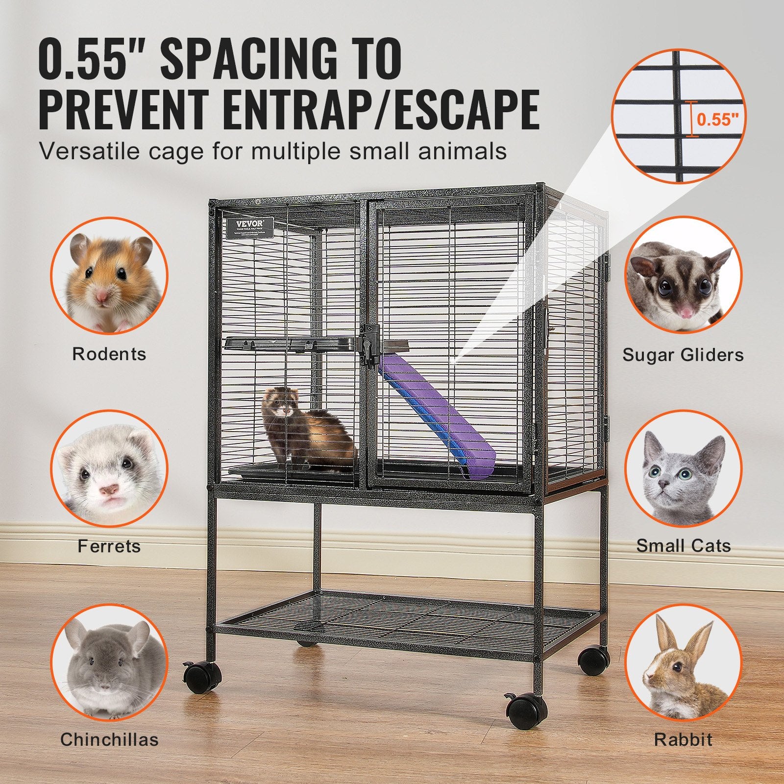 Bird Cages & Stands: VEVOR 34" Metal Small Animal Cage 2-Tier Rolling Ferret Cage with Tray A Ramp