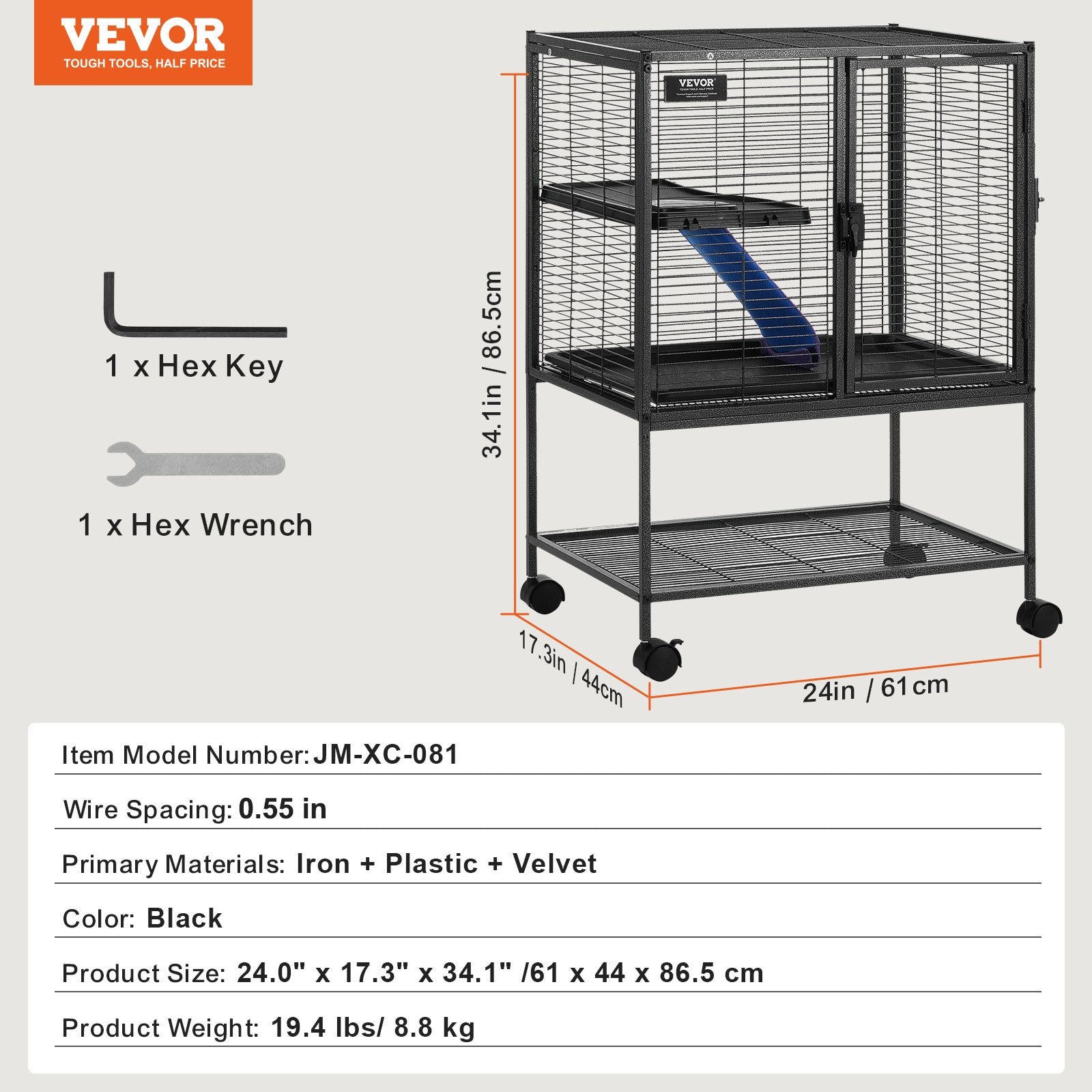 Bird Cages & Stands: VEVOR 34" Metal Small Animal Cage 2-Tier Rolling Ferret Cage with Tray A Ramp