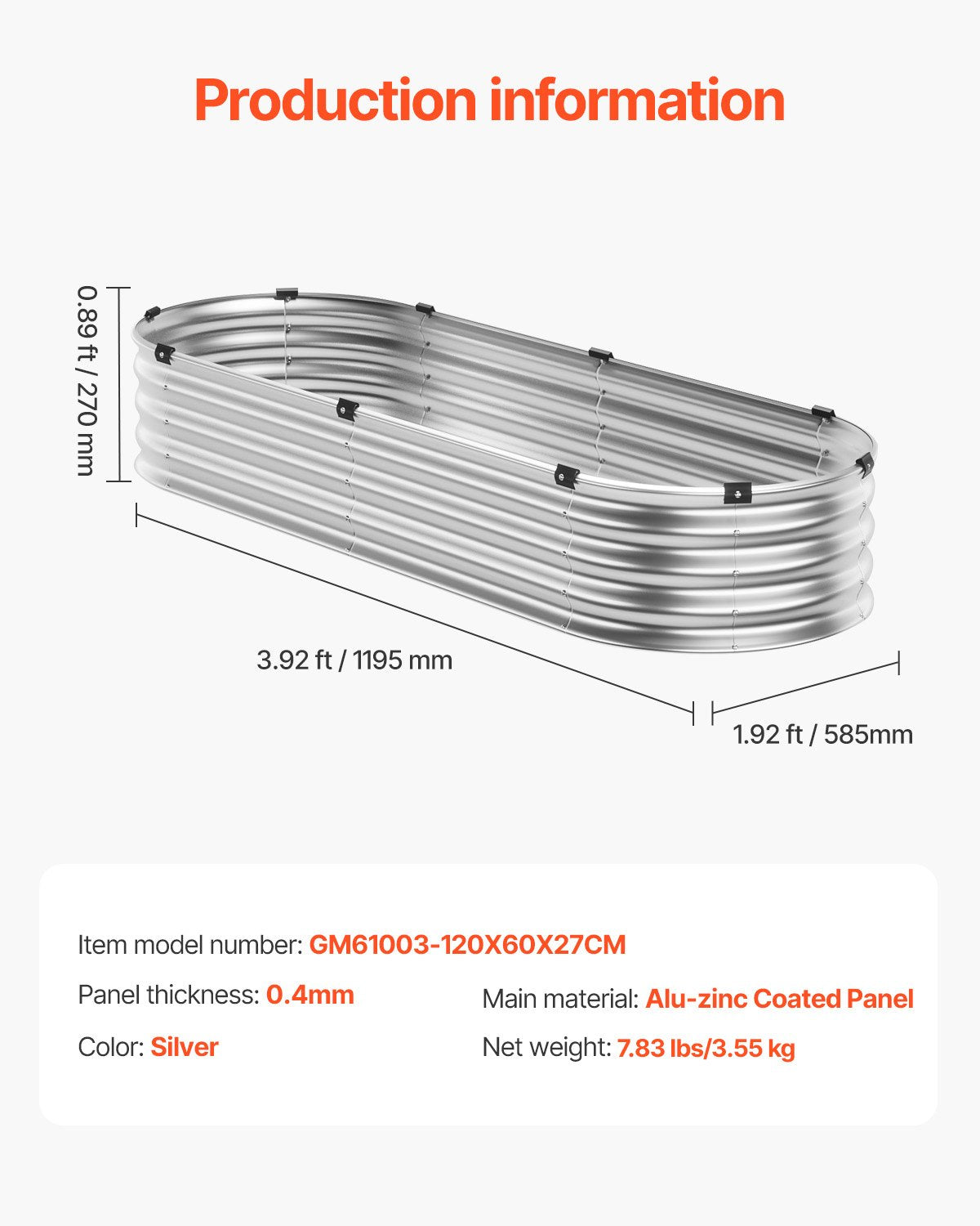Garden Ornaments: VEVOR Metal Raised Garden Bed 4x2x1 ft Outdoor Galvanized Planter Box Silver