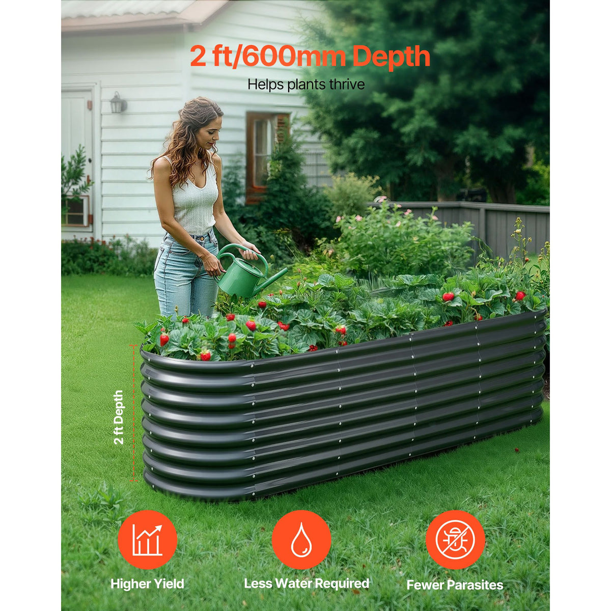 Metal Raised Garden Bed, 2.4 x 0.6 x 0.6 m Oval Outdoor Galvanized Planter Garden Box, Open Bottom Design, Large Planter Raised Bed for Growing Vegetables, Flowers, Herbs, Succulents, Dark Gray