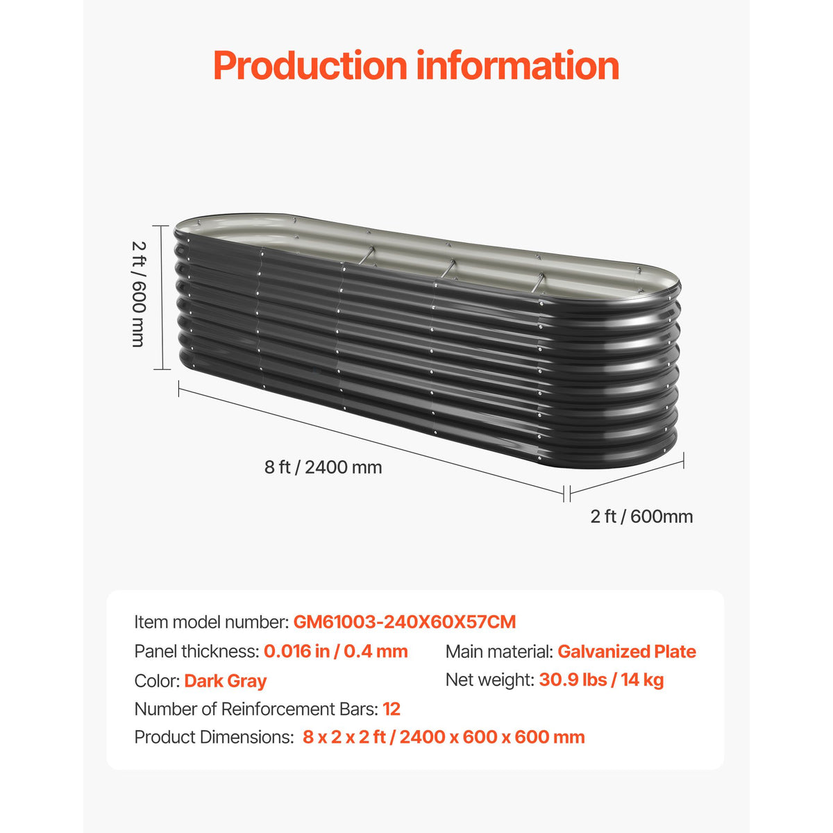 Metal Raised Garden Bed, 2.4 x 0.6 x 0.6 m Oval Outdoor Galvanized Planter Garden Box, Open Bottom Design, Large Planter Raised Bed for Growing Vegetables, Flowers, Herbs, Succulents, Dark Gray
