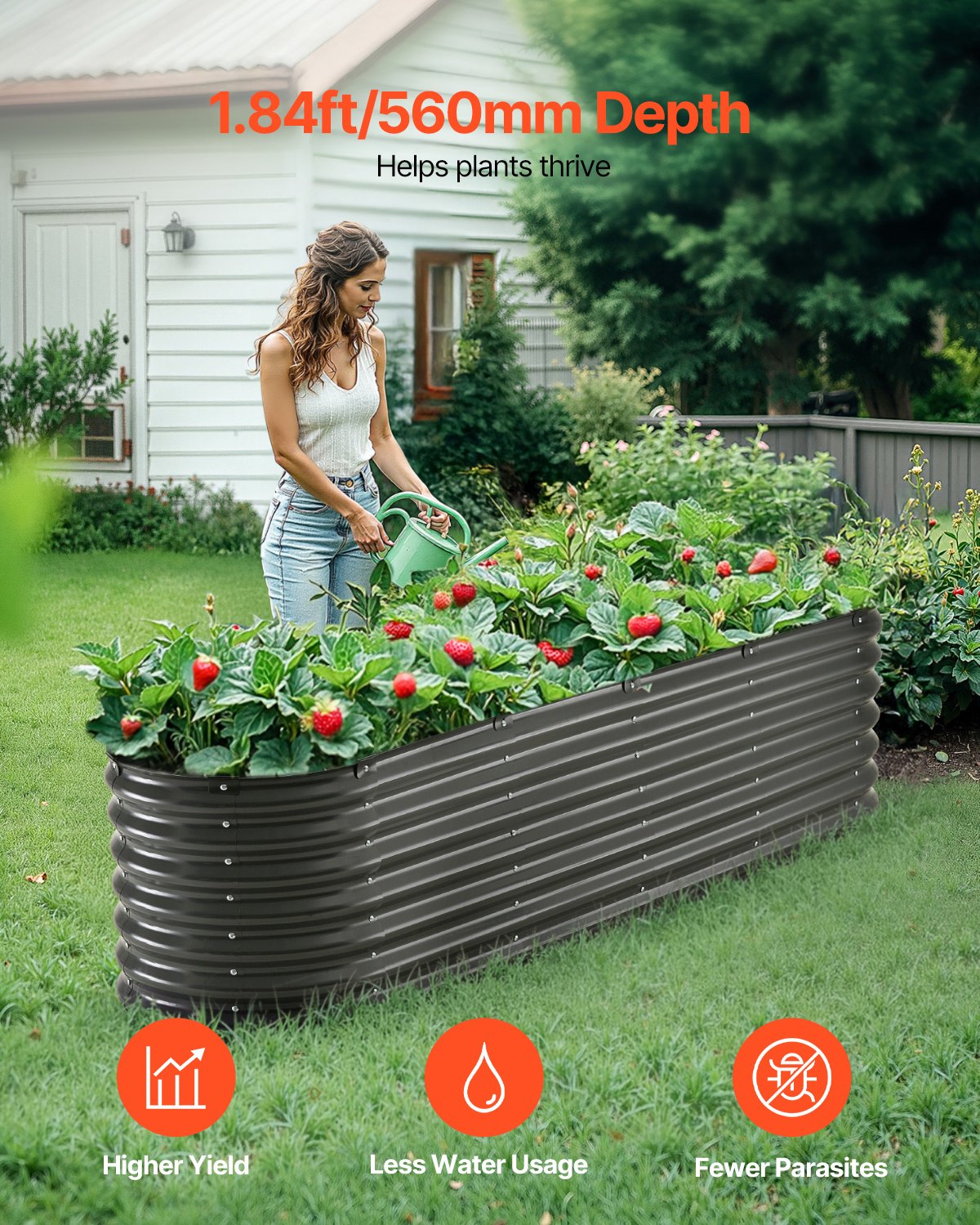 Garden Ornaments: VEVOR Metal Raised Garden Bed, 8 x 2 x 2 ft Outdoor Galvanized Planter Box, with Open Bottom, Large Oval Planter Raised Bed for Gardening Vegetables, Flowers, Herbs, and Succulent Plants, Dark Gray