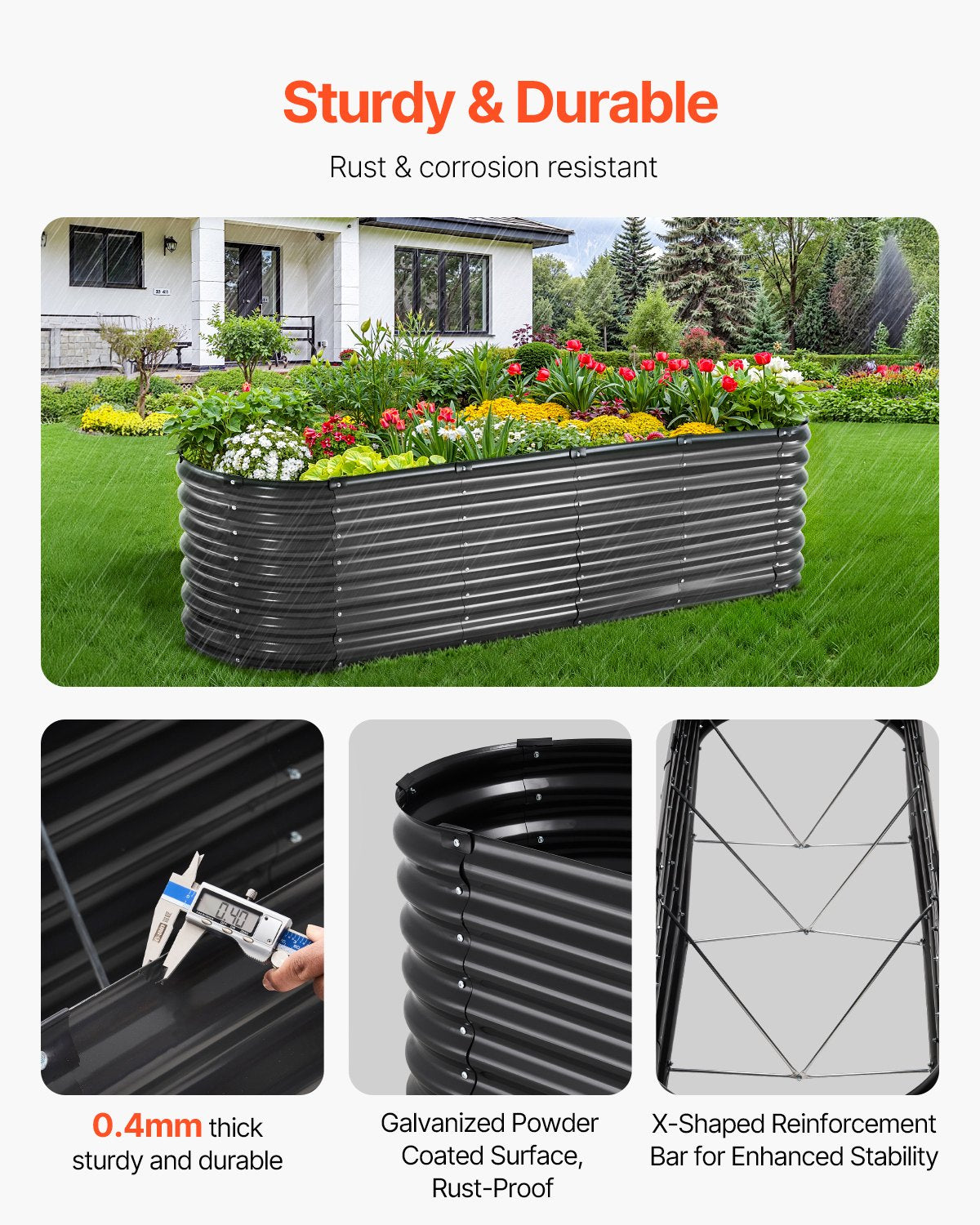 Garden Ornaments: VEVOR Metal Raised Garden Bed, 8 x 2 x 2 ft Outdoor Galvanized Planter Box, with Open Bottom, Large Oval Planter Raised Bed for Gardening Vegetables, Flowers, Herbs, and Succulent Plants, Dark Gray