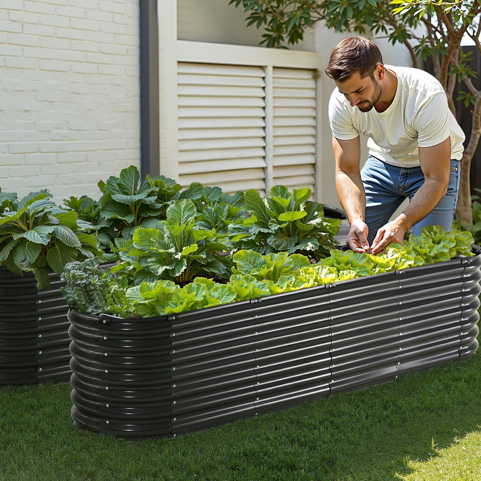 Garden Ornaments: VEVOR Metal Raised Garden Bed, 8 x 2 x 2 ft Outdoor Galvanized Planter Box, with Open Bottom, Large Oval Planter Raised Bed for Gardening Vegetables, Flowers, Herbs, and Succulent Plants, Dark Gray
