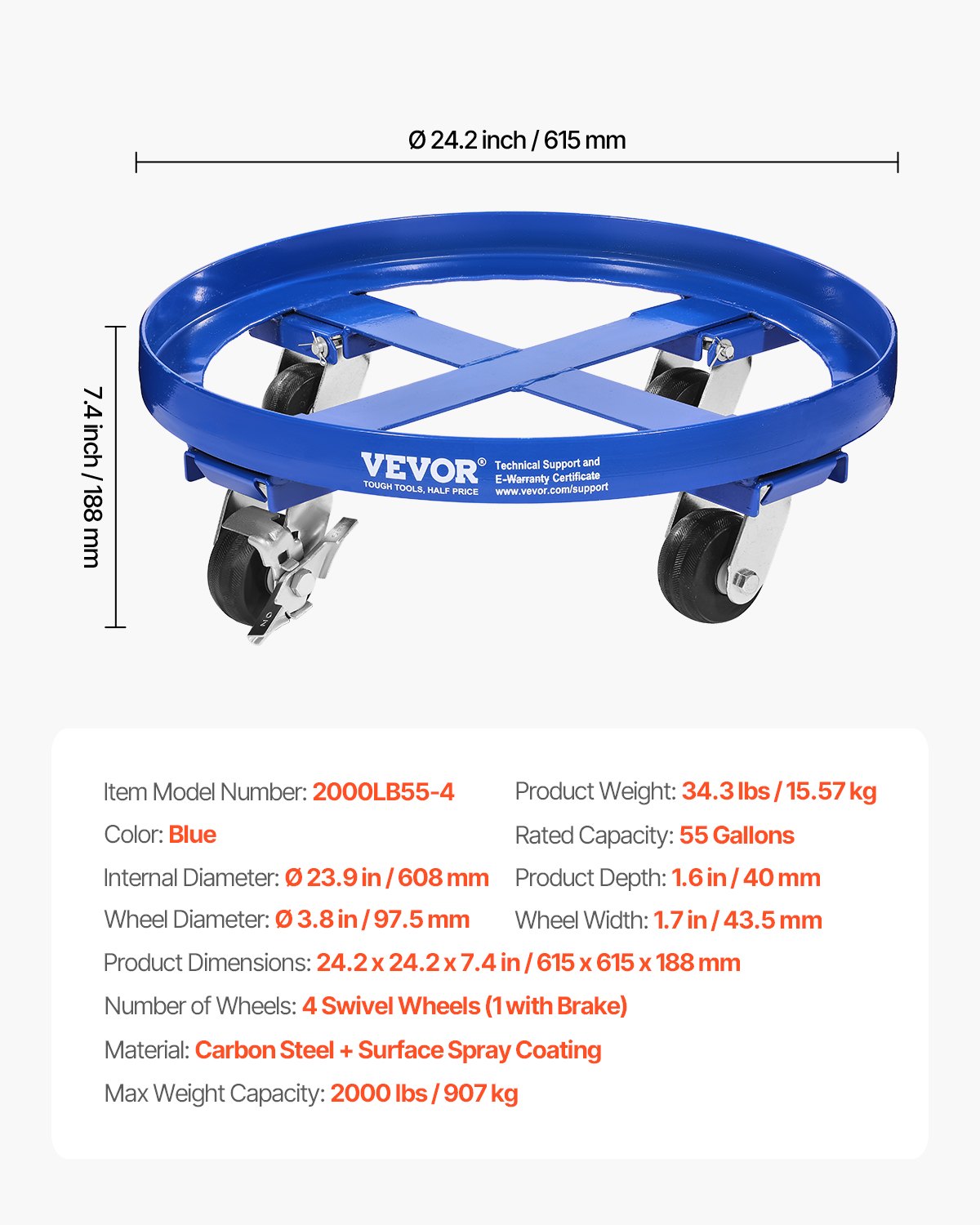 Side Tables: VEVOR 55 Gallon Drum Dolly 2000 lbs Barrel Dolly Cart Drum Caddy 4 Caster Wheels