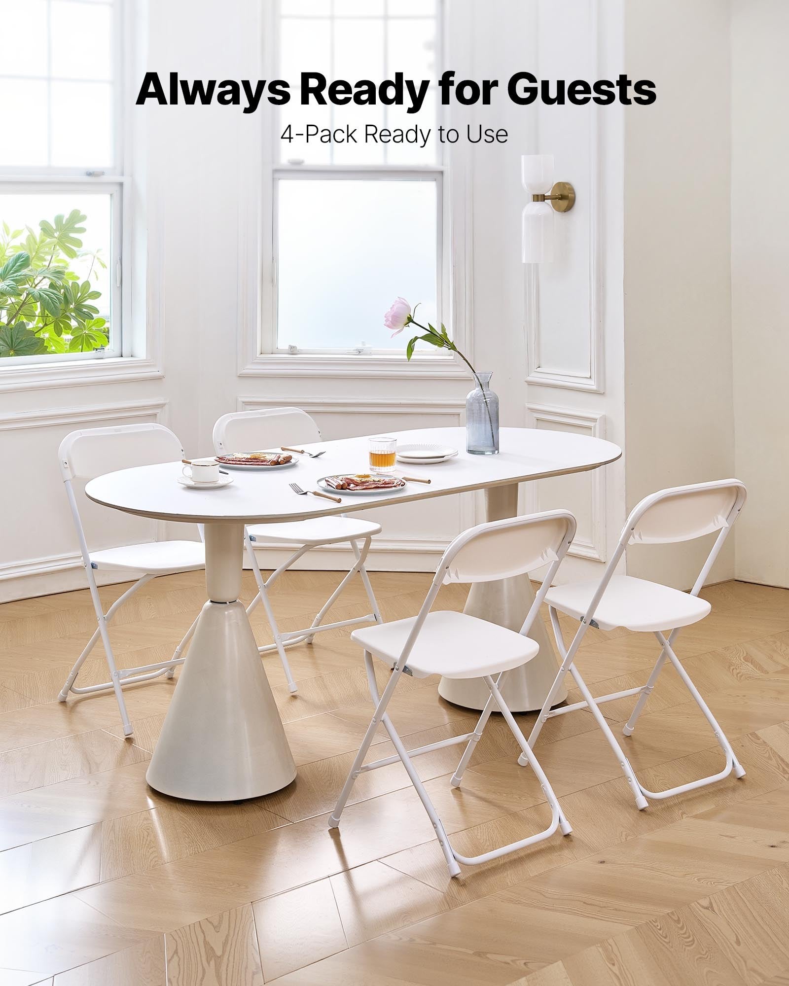 Dining Set: VEVOR 4 Pack Folding Chairs, Foldable Plastic Chairs with Heavy Duty Metal Frame, Portable Folding Card Table Chairs, Stackable Indoor Outdoor Seats for Home, Yard, Garden, Parties, Events, White
