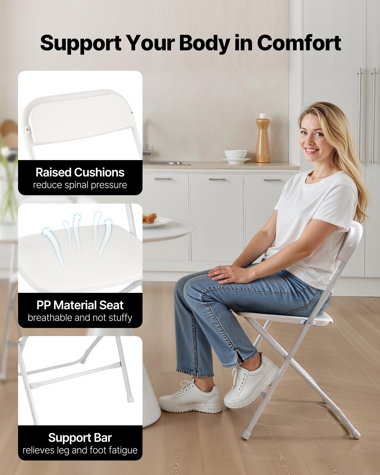 Dining Set: VEVOR 4 Pack Folding Chairs, Foldable Plastic Chairs with Heavy Duty Metal Frame, Portable Folding Card Table Chairs, Stackable Indoor Outdoor Seats for Home, Yard, Garden, Parties, Events, White