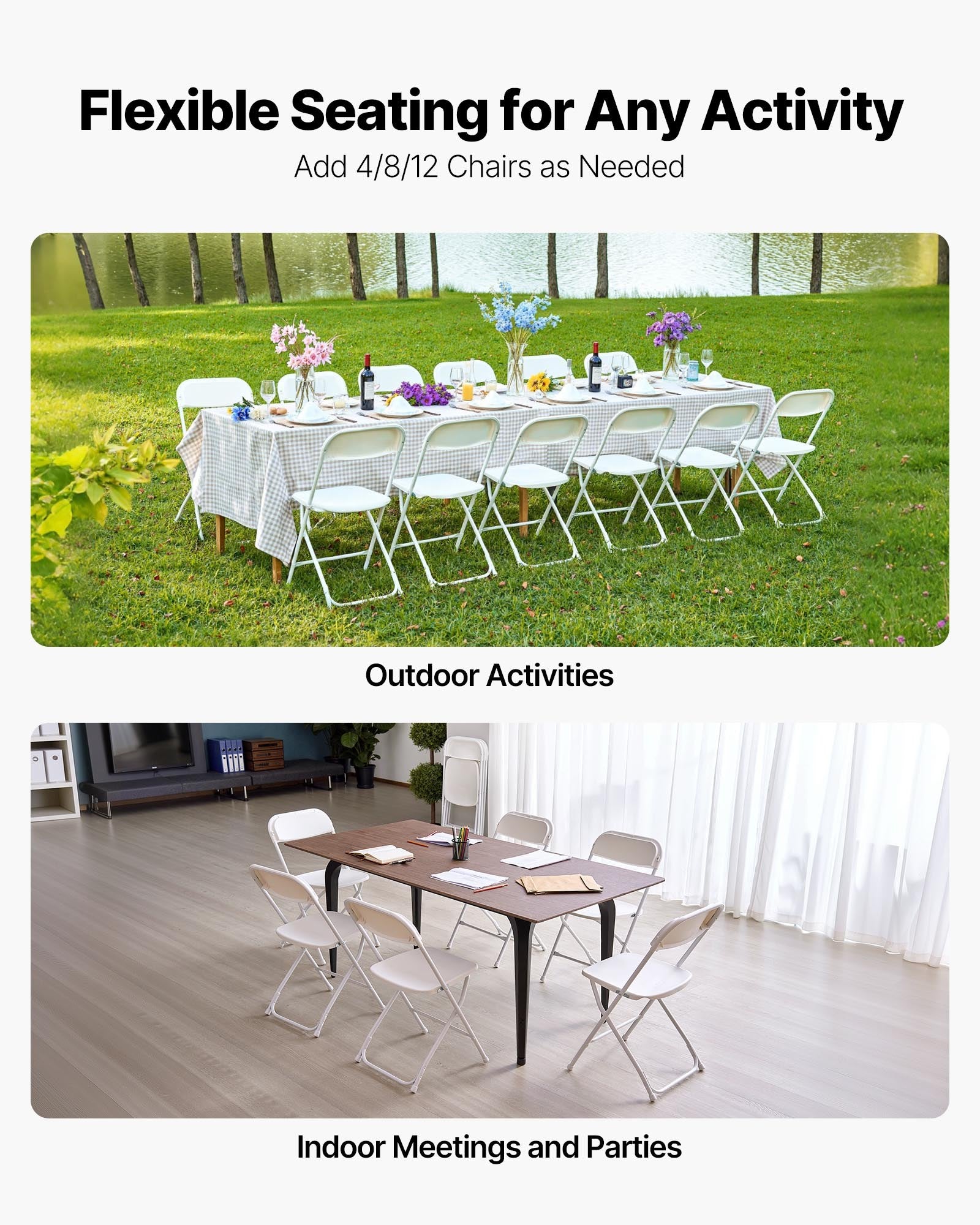 Dining Set: VEVOR 4 Pack Folding Chairs, Foldable Plastic Chairs with Heavy Duty Metal Frame, Portable Folding Card Table Chairs, Stackable Indoor Outdoor Seats for Home, Yard, Garden, Parties, Events, White