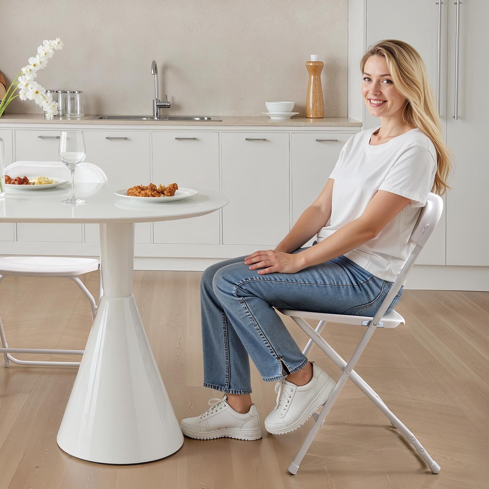 Dining Set: VEVOR 4 Pack Folding Chairs, Foldable Plastic Chairs with Heavy Duty Metal Frame, Portable Folding Card Table Chairs, Stackable Indoor Outdoor Seats for Home, Yard, Garden, Parties, Events, White