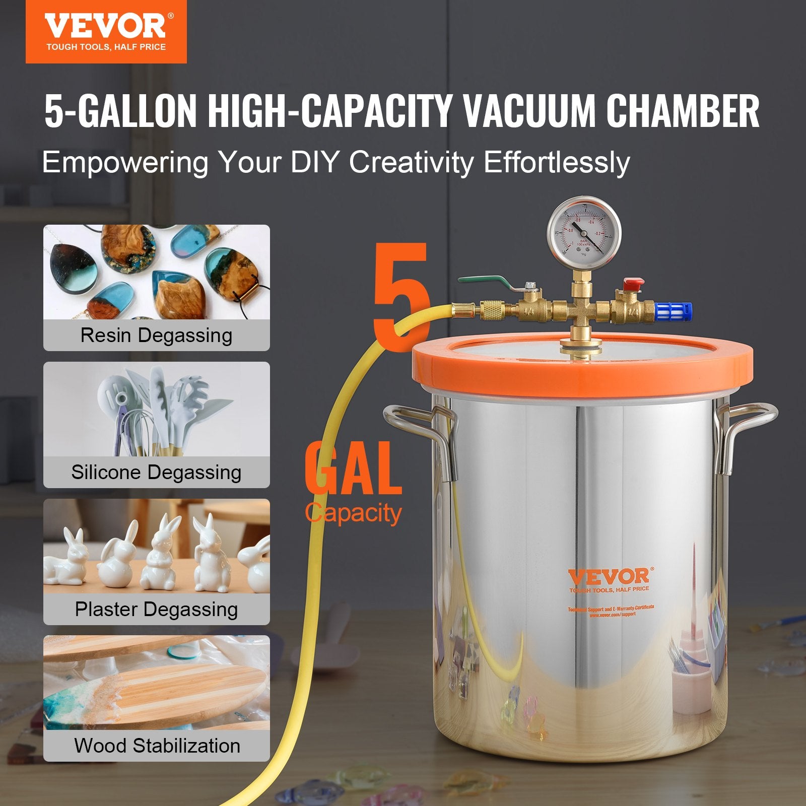 Automotive Repair & Speciality Tools: VEVOR 5 Gallon Vacuum Chamber, Upgraded Tempered Glass Lid Vacuum Degassing Chamber, 304 Stainless Steel Chamber, for Stabilizing Wood, Resin Degassing, Silicone Degassing and Plaster Degassing