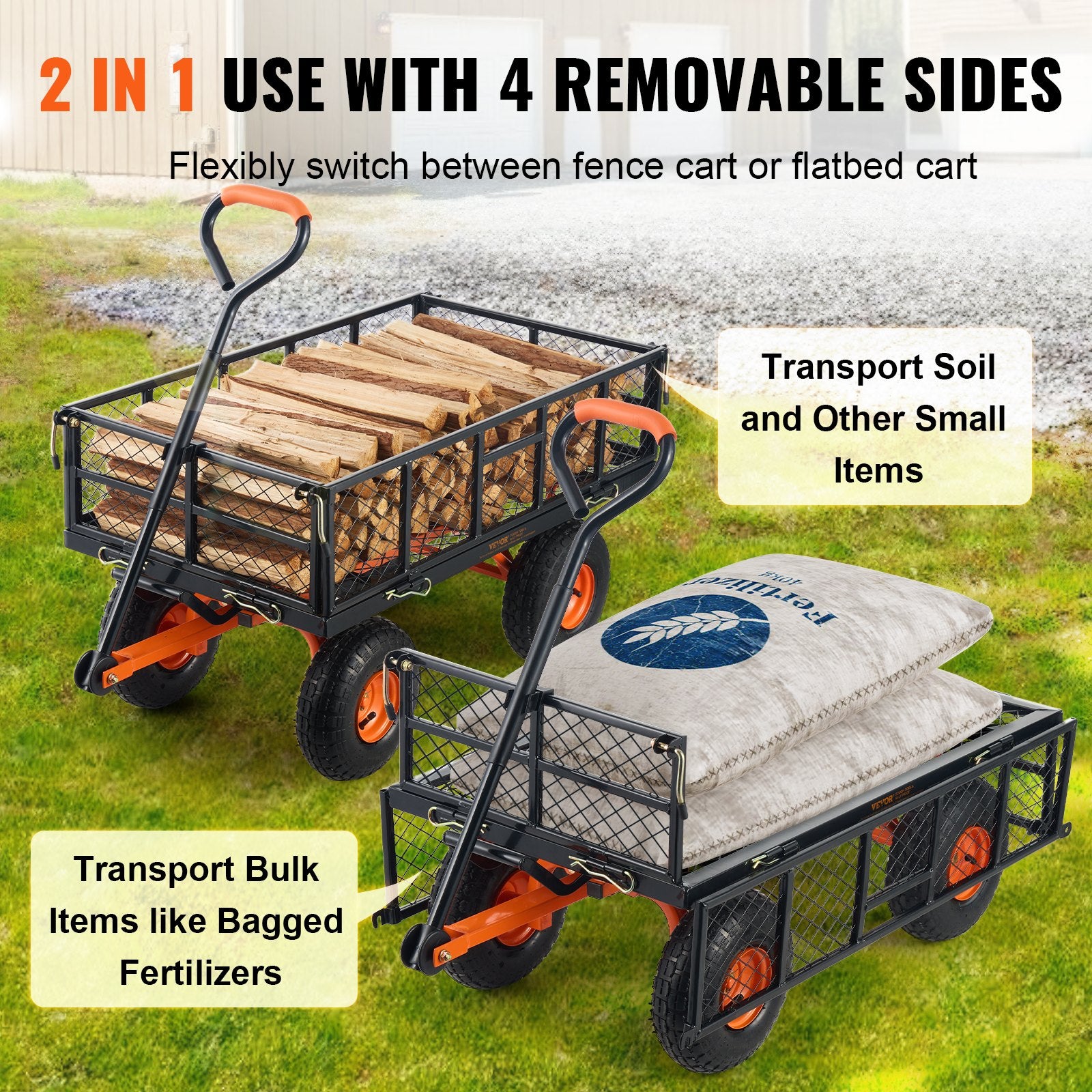 Spreaders & Wheelbarrows: VEVOR Dump Cart, Metal Garden Dump Cart with Easy to Assemble Frame, Dump Wagon with 2-in-1 Convertible Handle, Utility Wheelbarrow 399kg Capacity, 25.4cm Tires