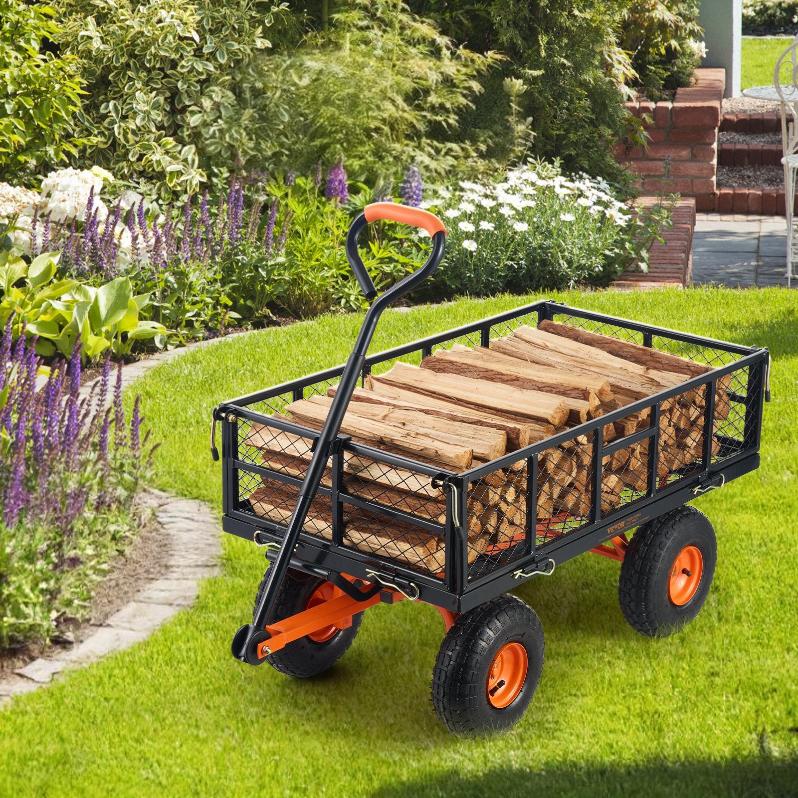 Spreaders & Wheelbarrows: VEVOR Dump Cart, Metal Garden Dump Cart with Easy to Assemble Frame, Dump Wagon with 2-in-1 Convertible Handle, Utility Wheelbarrow 399kg Capacity, 25.4cm Tires