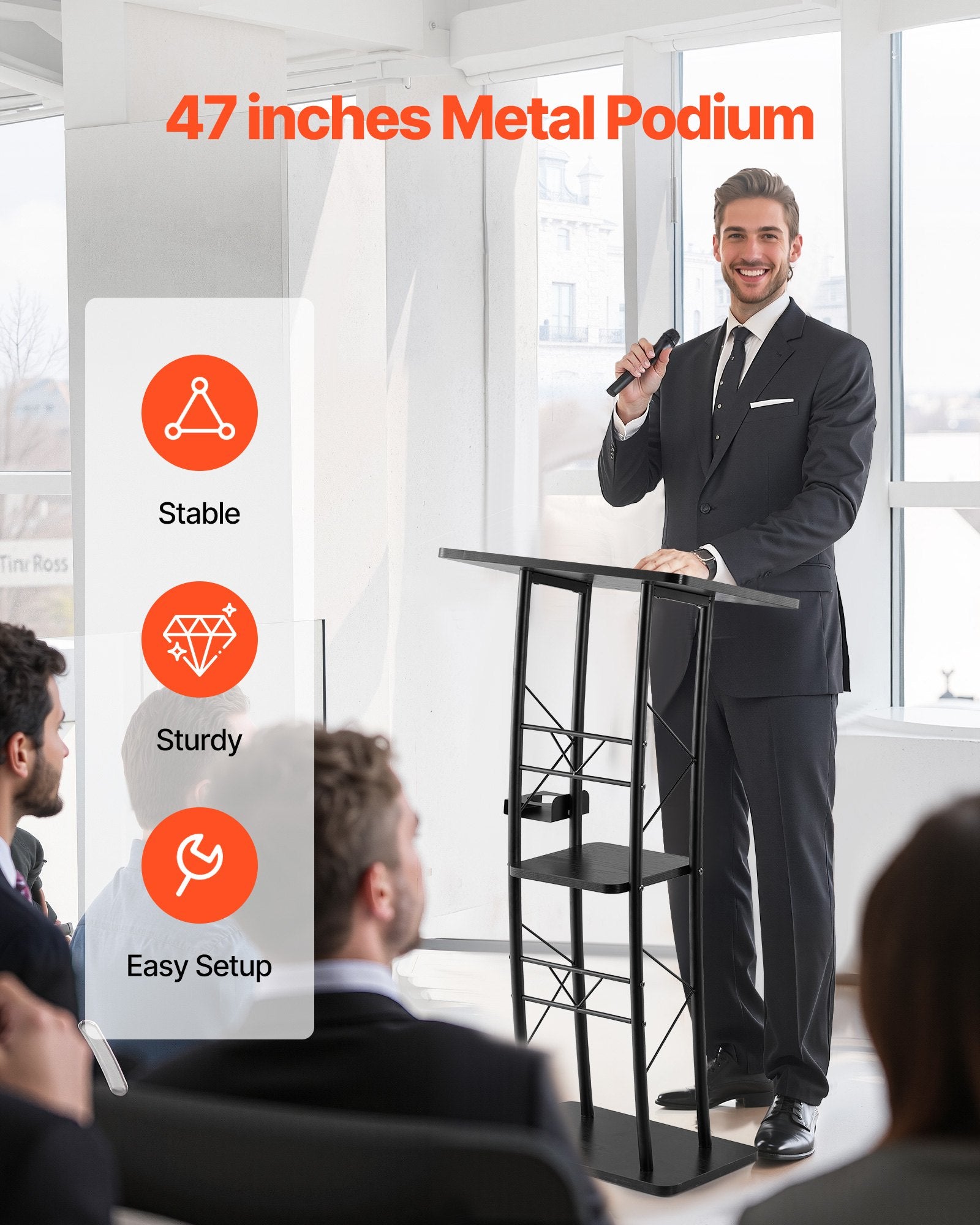 Aroma Diffusers: VEVOR Podium Stand, 1180 mm Metal Lectern, Curved Standing Podium  with Wide Reading Surface, Open Storage Compartment, Book Stopper, Cup Holder, for Classroom, Wedding, Conference, Speech, Concert