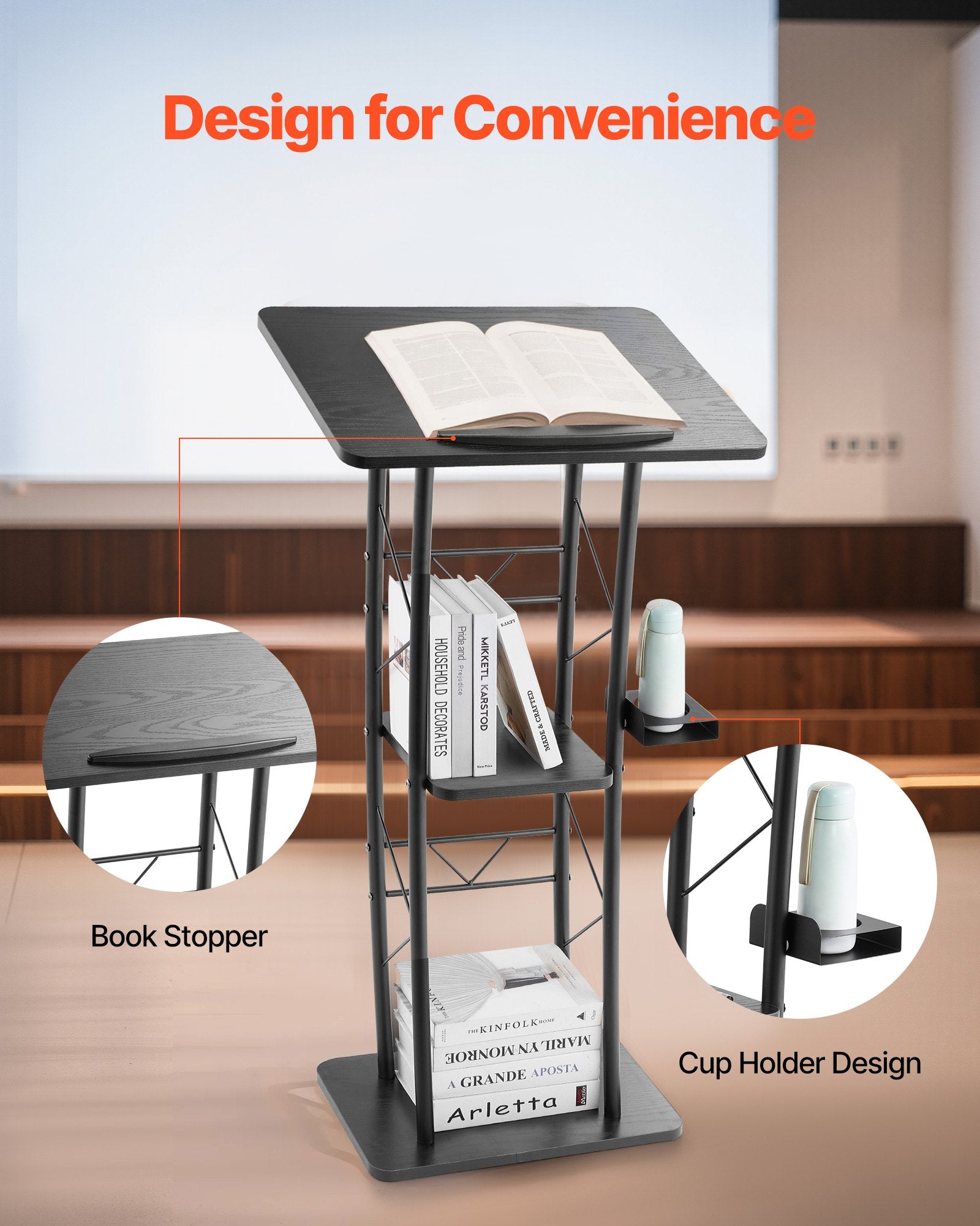 Aroma Diffusers: VEVOR Podium Stand, 1180 mm Metal Lectern, Curved Standing Podium  with Wide Reading Surface, Open Storage Compartment, Book Stopper, Cup Holder, for Classroom, Wedding, Conference, Speech, Concert