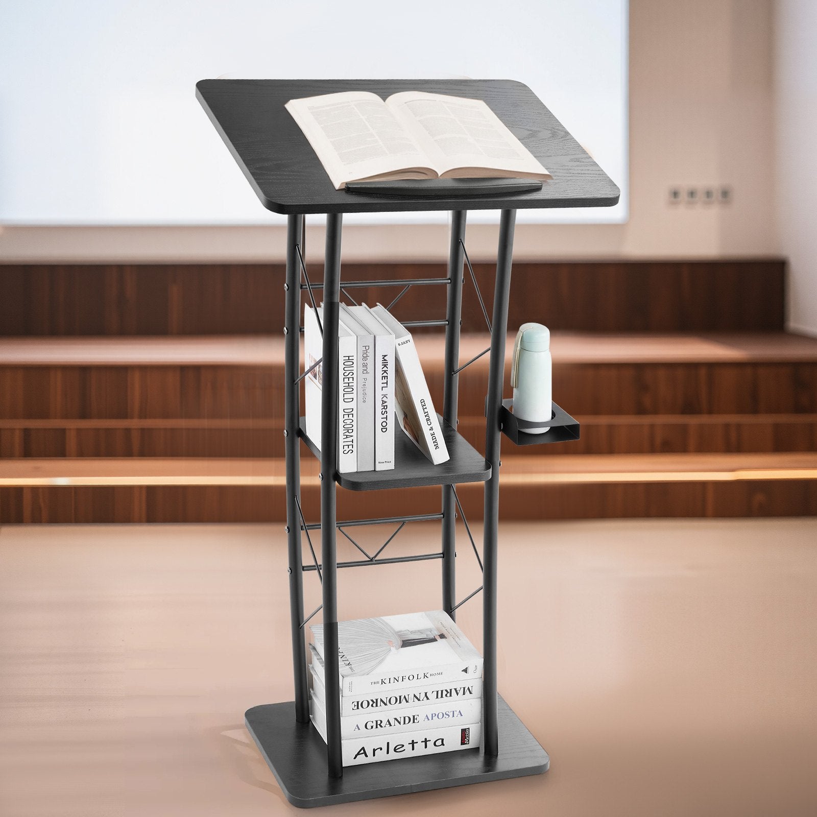 Aroma Diffusers: VEVOR Podium Stand, 1180 mm Metal Lectern, Curved Standing Podium  with Wide Reading Surface, Open Storage Compartment, Book Stopper, Cup Holder, for Classroom, Wedding, Conference, Speech, Concert