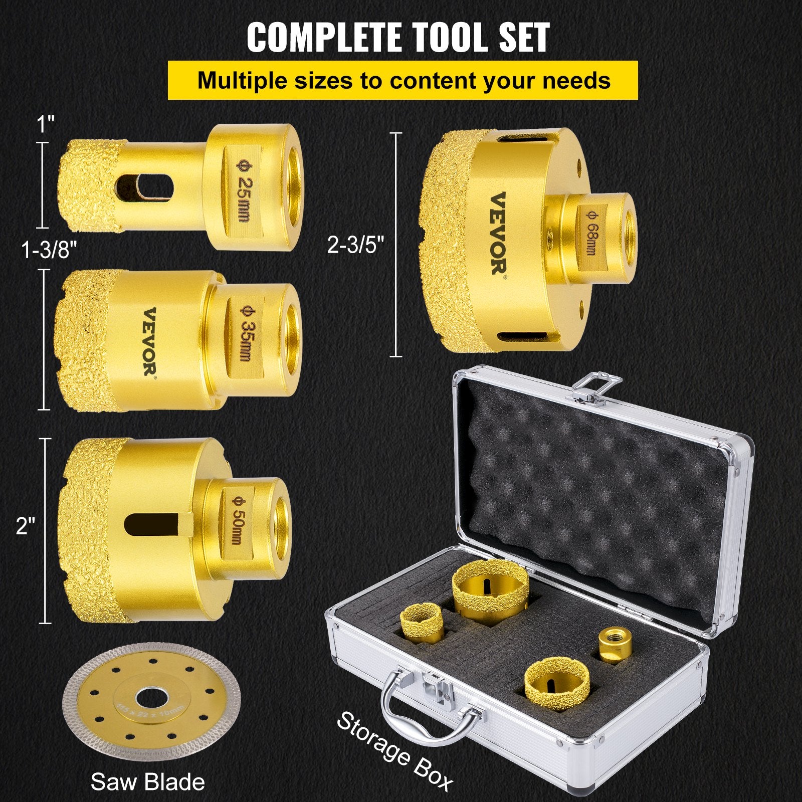 Saw Accessories: VEVOR Diamond Drill Bits 4PCS Diamond Hole Saw 25/35/50/68mm Tile Hole Saw Kit Vacuum Brazed Diamond Drill Bit 0.59in/15mm Segment Tile Hole Saw w Storage Case for Tile Ceramic Porcelain Marble Stone