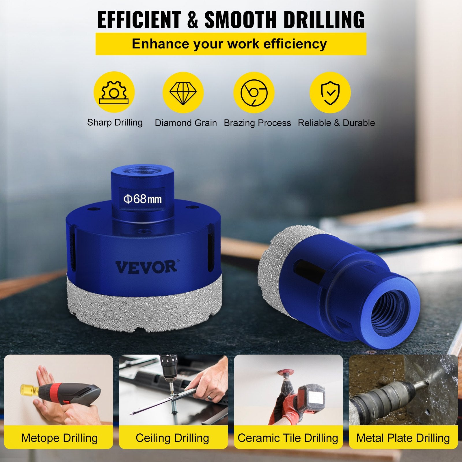Saw Accessories: VEVOR Diamond Drill Bits 4PCS Diamond Hole Saw 35/40/50/68mm Tile Hole Saw Kit Vacuum Brazed Diamond Drill Bit 0.59in/15mm Segment Tile Hole Saw w Storage Case for Tile Ceramic Porcelain Marble Stone