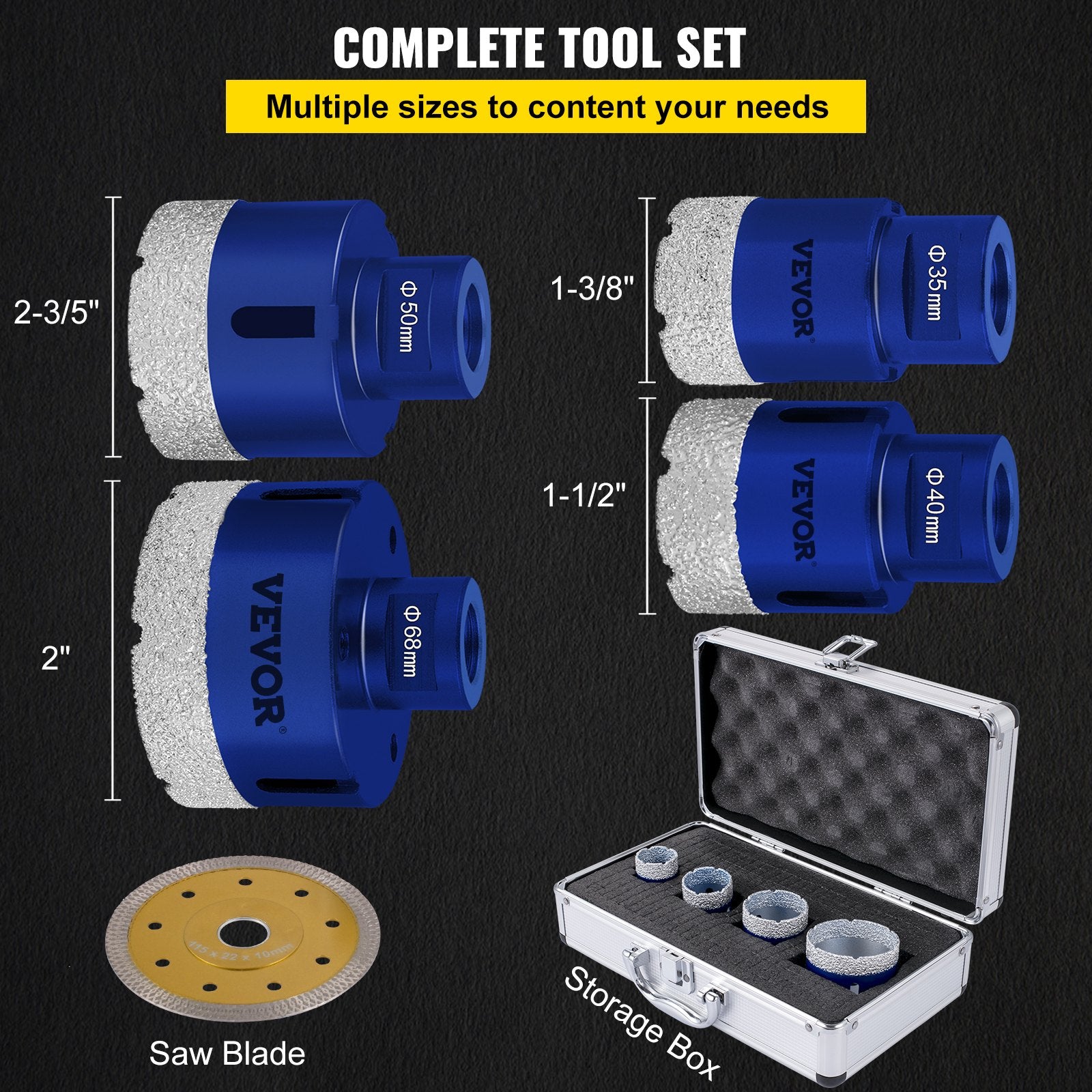 Saw Accessories: VEVOR Diamond Drill Bits 4PCS Diamond Hole Saw 35/40/50/68mm Tile Hole Saw Kit Vacuum Brazed Diamond Drill Bit 0.59in/15mm Segment Tile Hole Saw w Storage Case for Tile Ceramic Porcelain Marble Stone