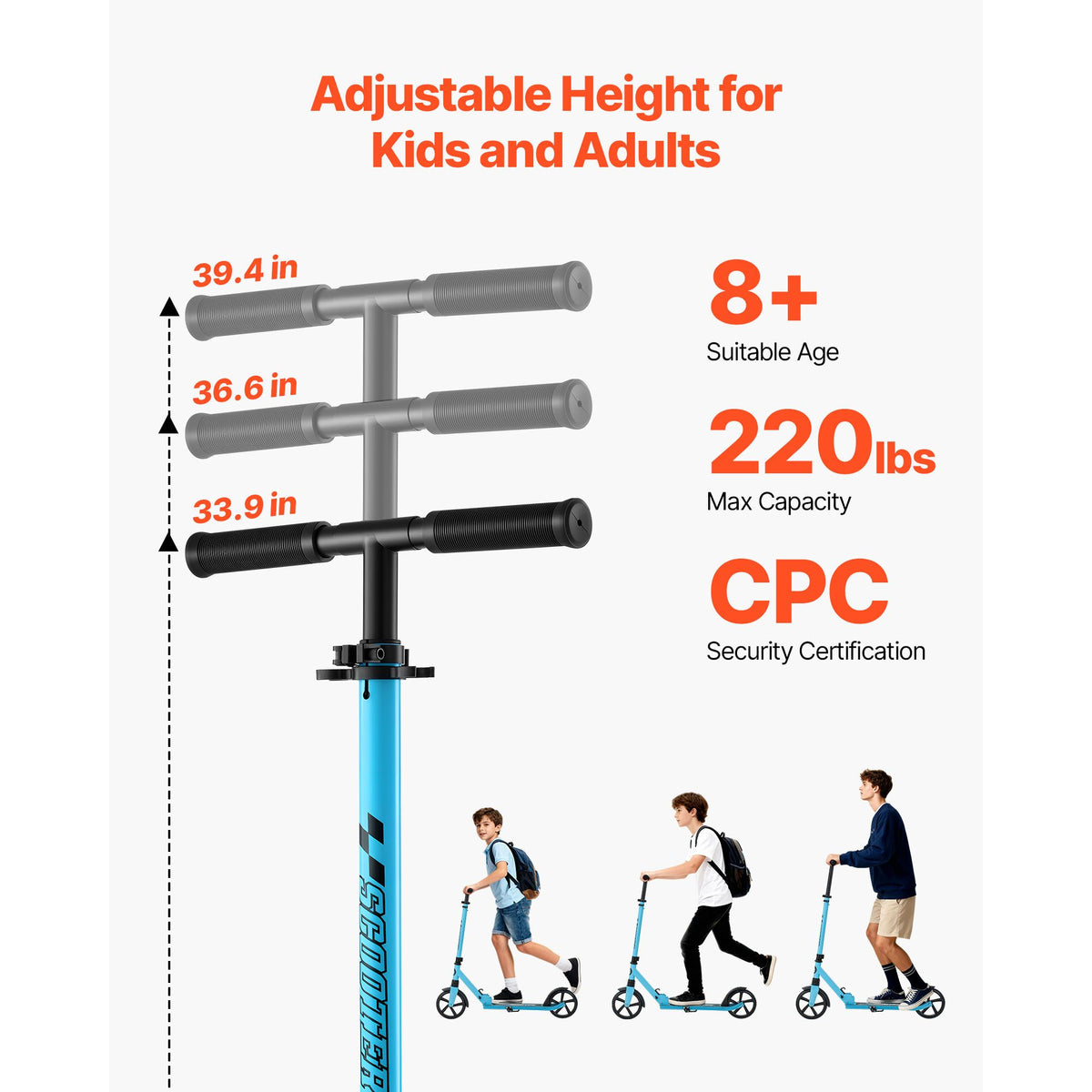 Kick Scooter for Kids Ages 8+, Teens & Adults, 2-Wheel Toddler Scooter with Adjustable Height Handlebar, Wide Anti-Slip Deck, Foldable Lightweight for Boys & Girls up to 99.8 kg, Blue + Black