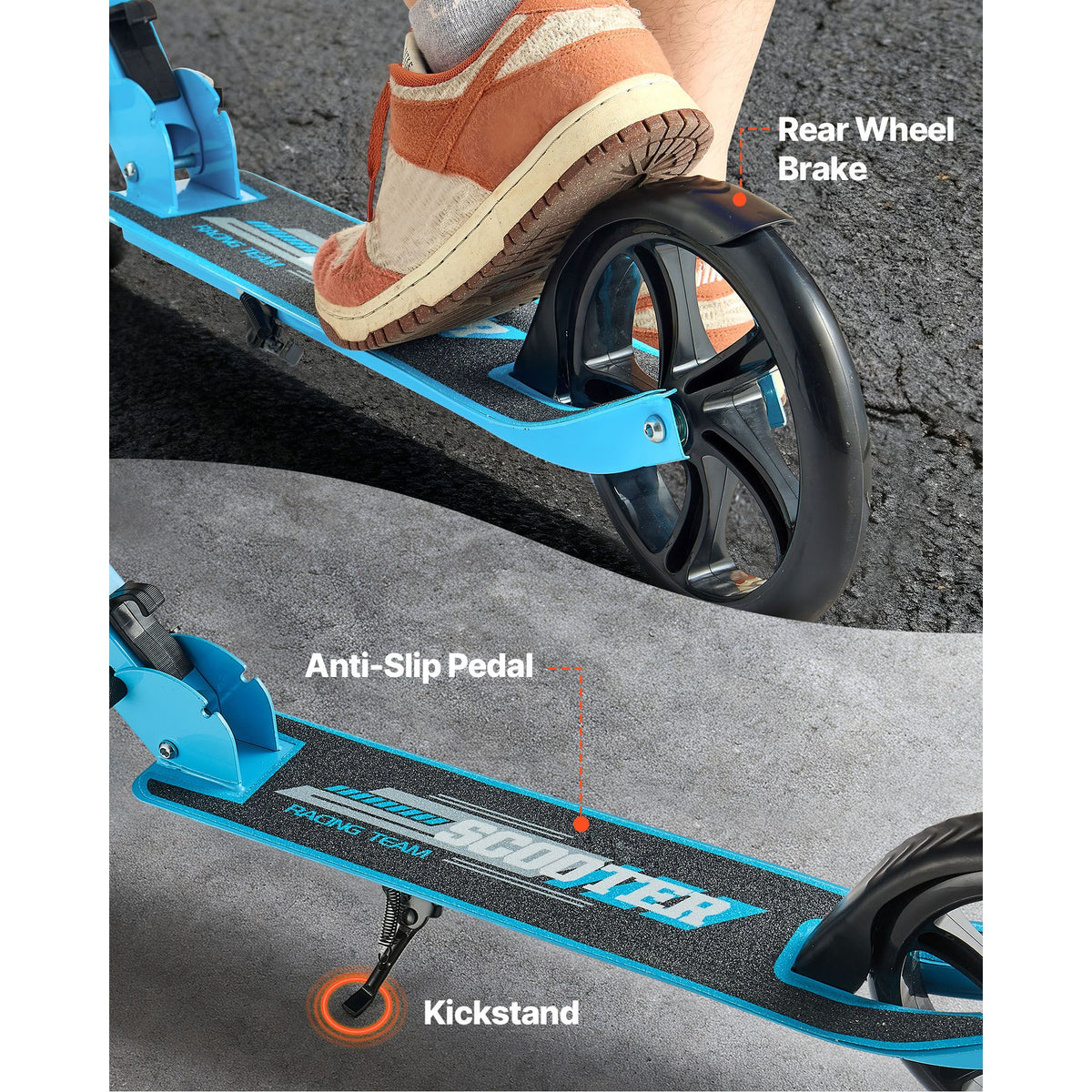 Kick Scooter for Kids Ages 8+, Teens & Adults, 2-Wheel Toddler Scooter with Adjustable Height Handlebar, Wide Anti-Slip Deck, Foldable Lightweight for Boys & Girls up to 99.8 kg, Blue + Black