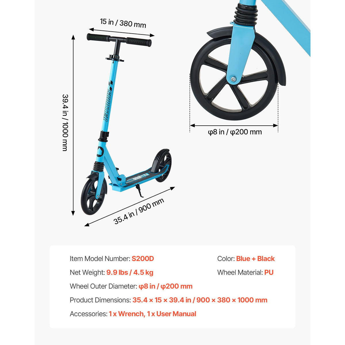 Kick Scooter for Kids Ages 8+, Teens & Adults, 2-Wheel Toddler Scooter with Adjustable Height Handlebar, Wide Anti-Slip Deck, Foldable Lightweight for Boys & Girls up to 99.8 kg, Blue + Black
