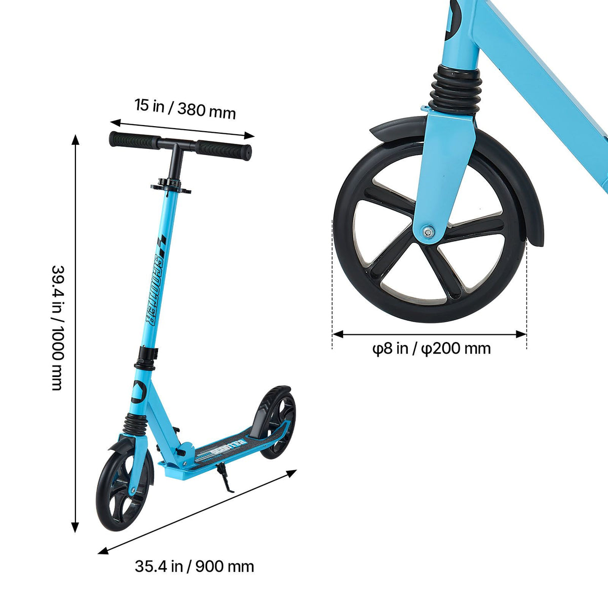 Kick Scooter for Kids Ages 8+, Teens & Adults, 2-Wheel Toddler Scooter with Adjustable Height Handlebar, Wide Anti-Slip Deck, Foldable Lightweight for Boys & Girls up to 99.8 kg, Blue + Black