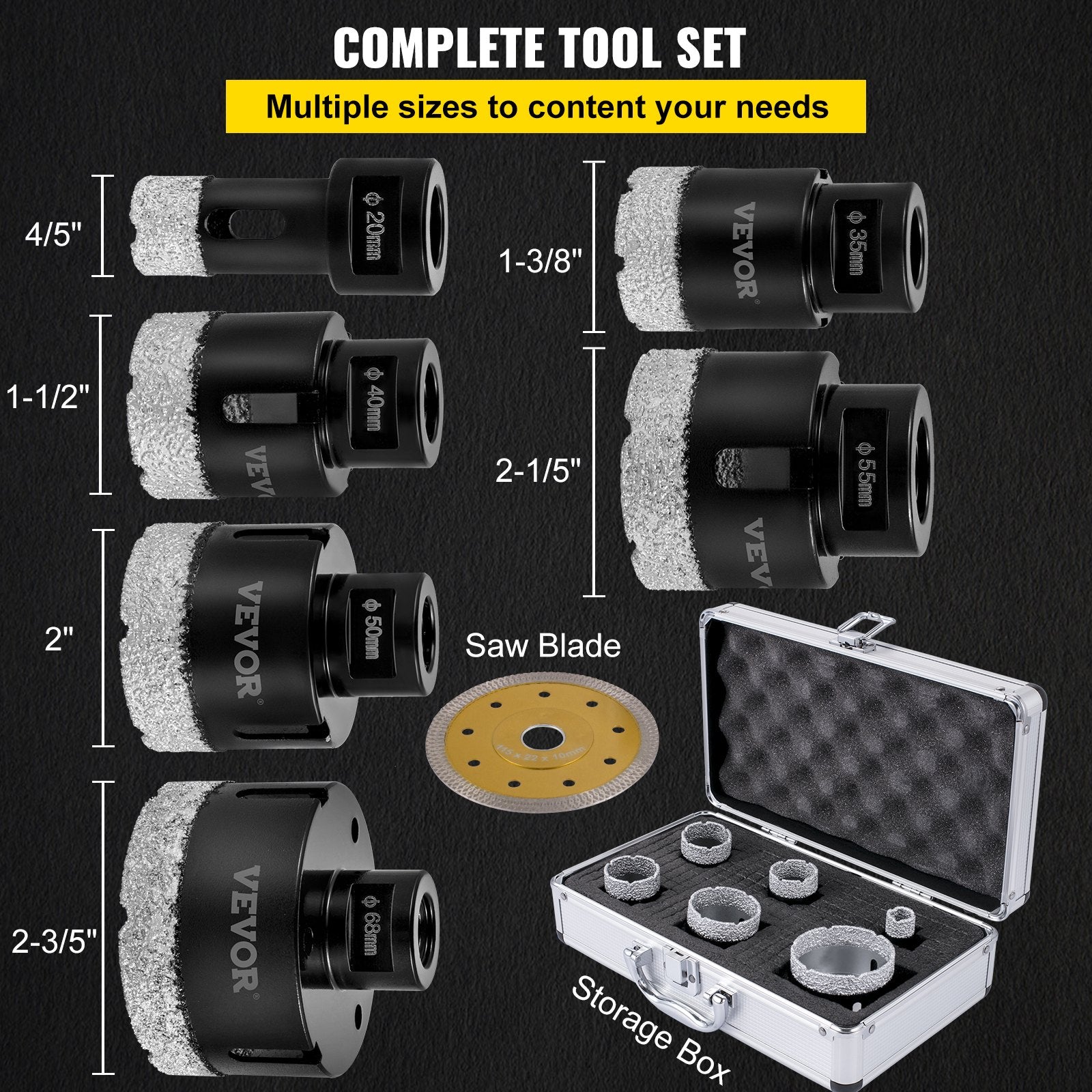 Saw Accessories: VEVOR Diamond Drill Bits 6PCS Diamond Hole Saw 20/35/40/50/55/68mm Tile Hole Saw Kit Vacuum Brazed Diamond Drill Bit 0.59in/15mm Segment Tile Hole Saw w Storage Case for Tile Ceramic Porcelain Marble