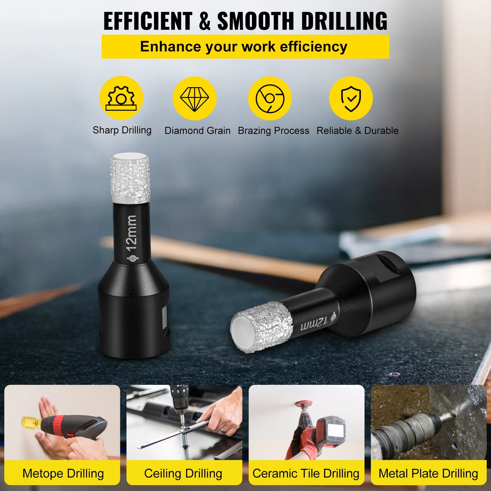 Drill & Screwdriver Accessories: VEVOR Diamond Drill Bits 7PCS Diamond Hole Saw 6/6/8/8/10/12/14mm Tile Hole Saw Kit Vacuum Brazed Diamond Drill Bit 0.59in/15mm Segment Tile Hole Saw w Storage Case for Tile Ceramic Porcelain Marble
