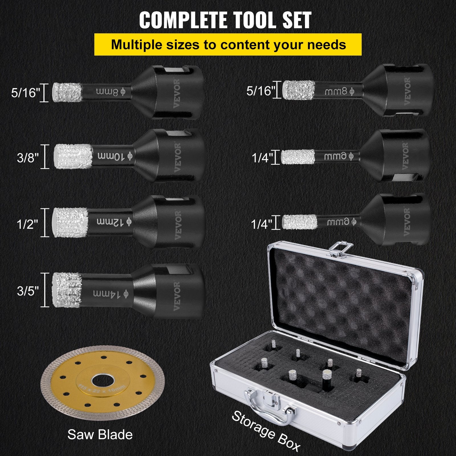 Drill & Screwdriver Accessories: VEVOR Diamond Drill Bits 7PCS Diamond Hole Saw 6/6/8/8/10/12/14mm Tile Hole Saw Kit Vacuum Brazed Diamond Drill Bit 0.59in/15mm Segment Tile Hole Saw w Storage Case for Tile Ceramic Porcelain Marble