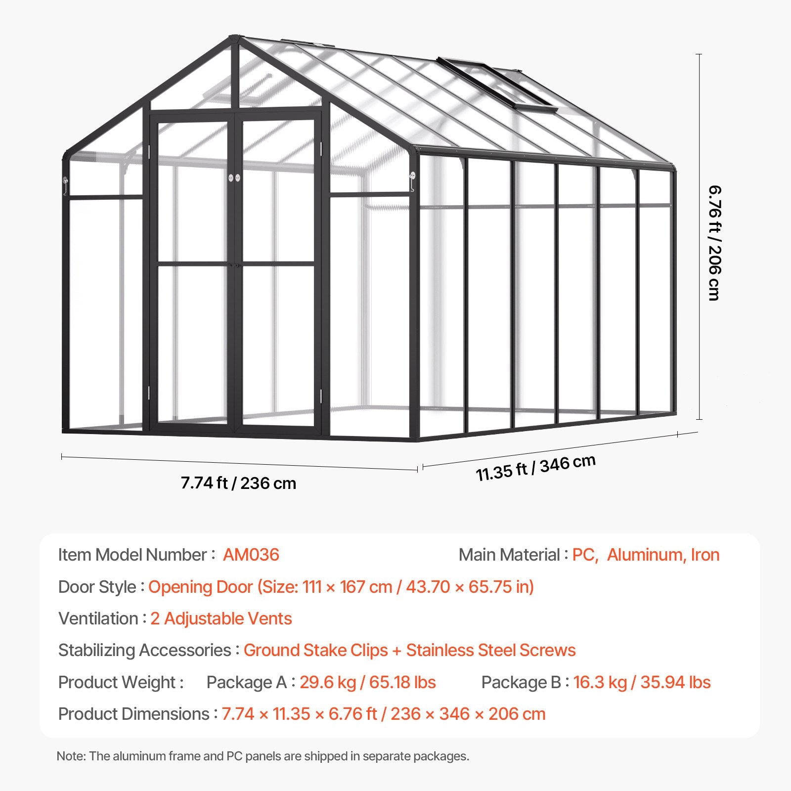 Greenhouses & Accessories: VEVOR Polycarbonate Greenhouse 8 x 12 Ft Outdoor Walk-in Greenhouse for Garden