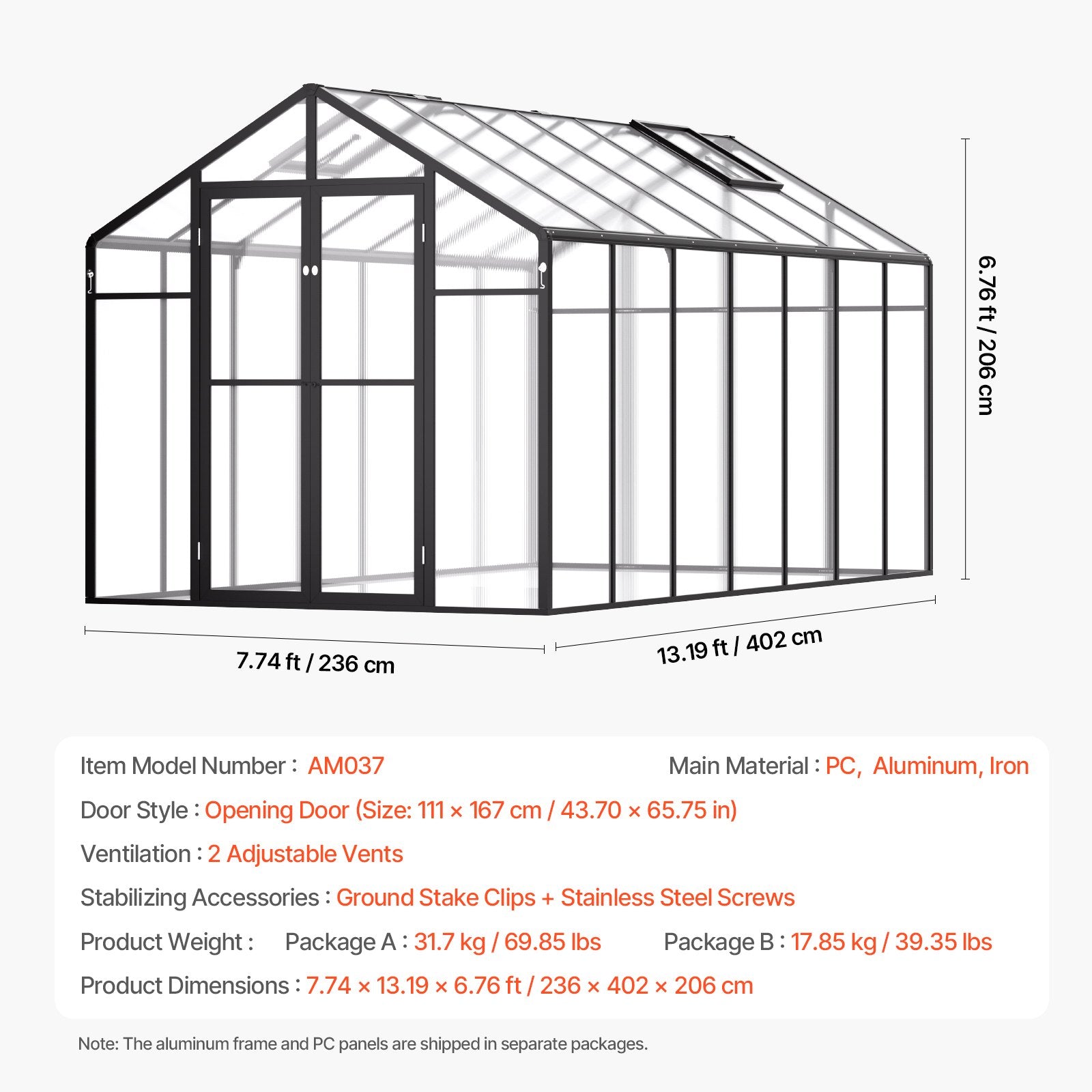 Greenhouses & Accessories: VEVOR Polycarbonate Greenhouse 8 x 14 Ft Outdoor Walk-in Greenhouse for Garden