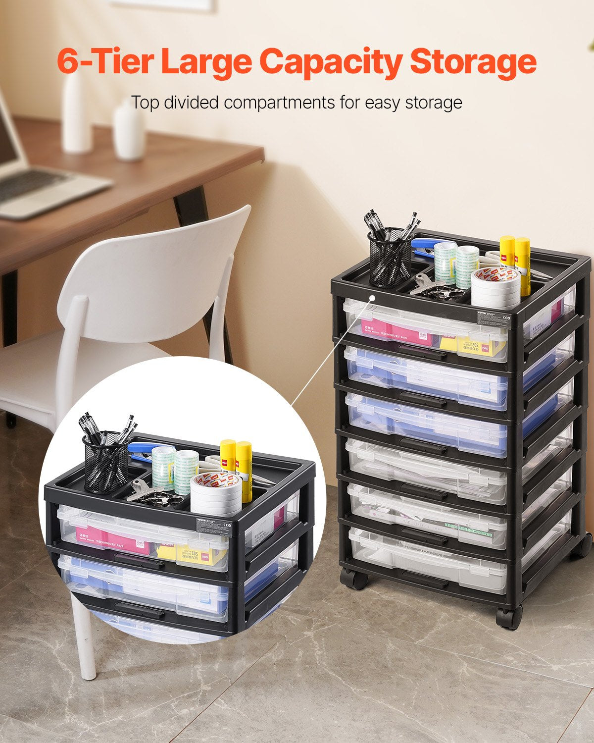 Kitchen & Dining Trolleys: Scrapbook Rolling Storage Cart 6-Tier Large Capacity with 6 Clear Cases Black
