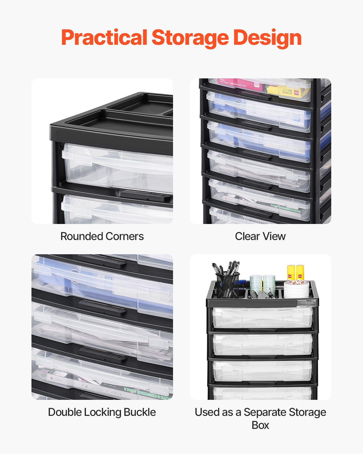 Kitchen & Dining Trolleys: Scrapbook Rolling Storage Cart 6-Tier Large Capacity with 6 Clear Cases Black