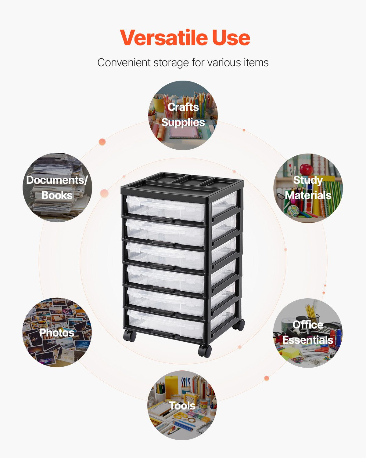 Kitchen & Dining Trolleys: Scrapbook Rolling Storage Cart 6-Tier Large Capacity with 6 Clear Cases Black